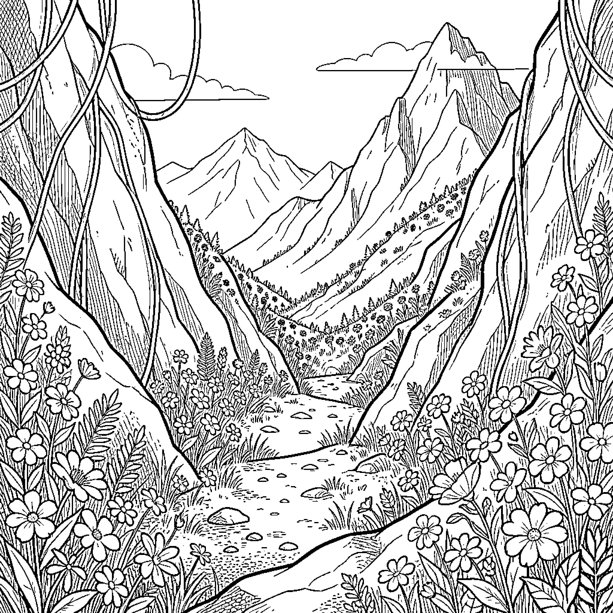 Mountain Scenery with Flowers and Trails Coloring Page (free black-and-white line drawing printable PDF for all, from beginners to advanced learners, including children, teens, adults, and seniors)