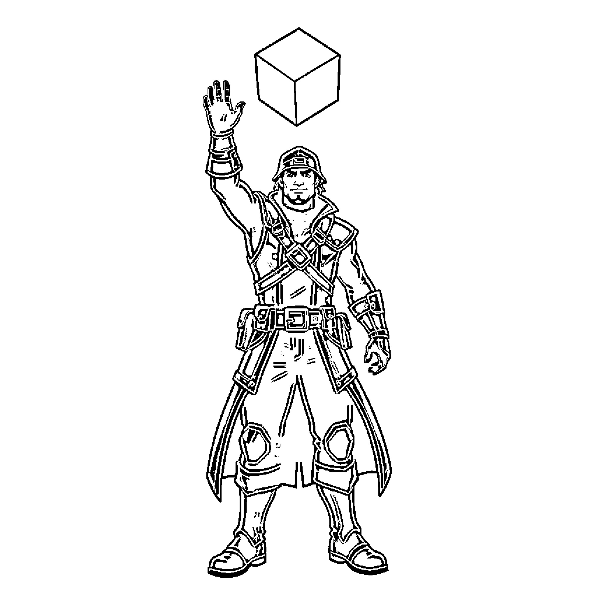 Voyager reaching out toward a floating geometric cube Coloring Page (free black-and-white line drawing printable PDF for all, from beginners to advanced learners, including children, teens, adults, and seniors)