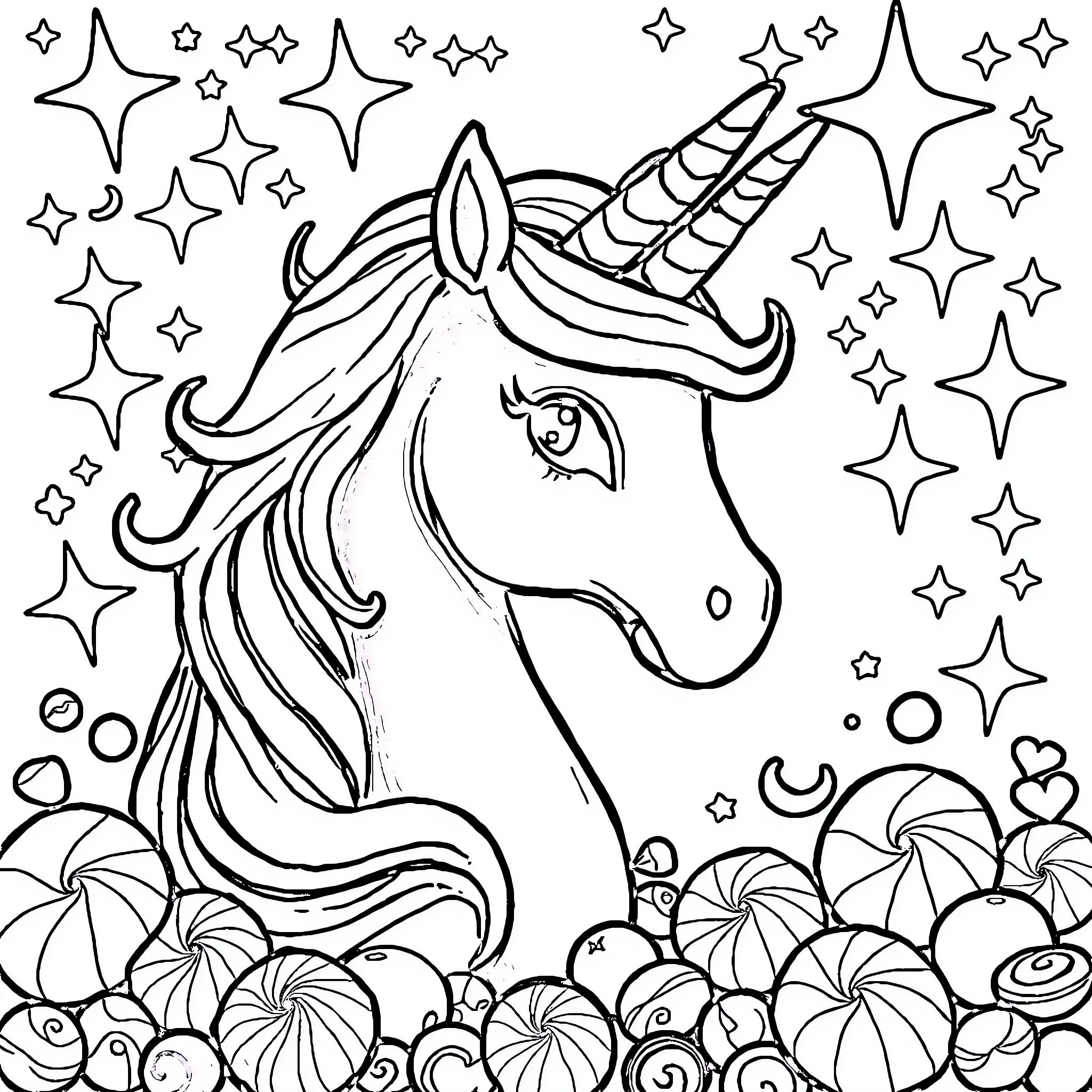 Unicorn surrounded by whimsical stars and flowers Coloring Page (free black-and-white line drawing printable PDF for all, from beginners to advanced learners, including children, teens, adults, and seniors)