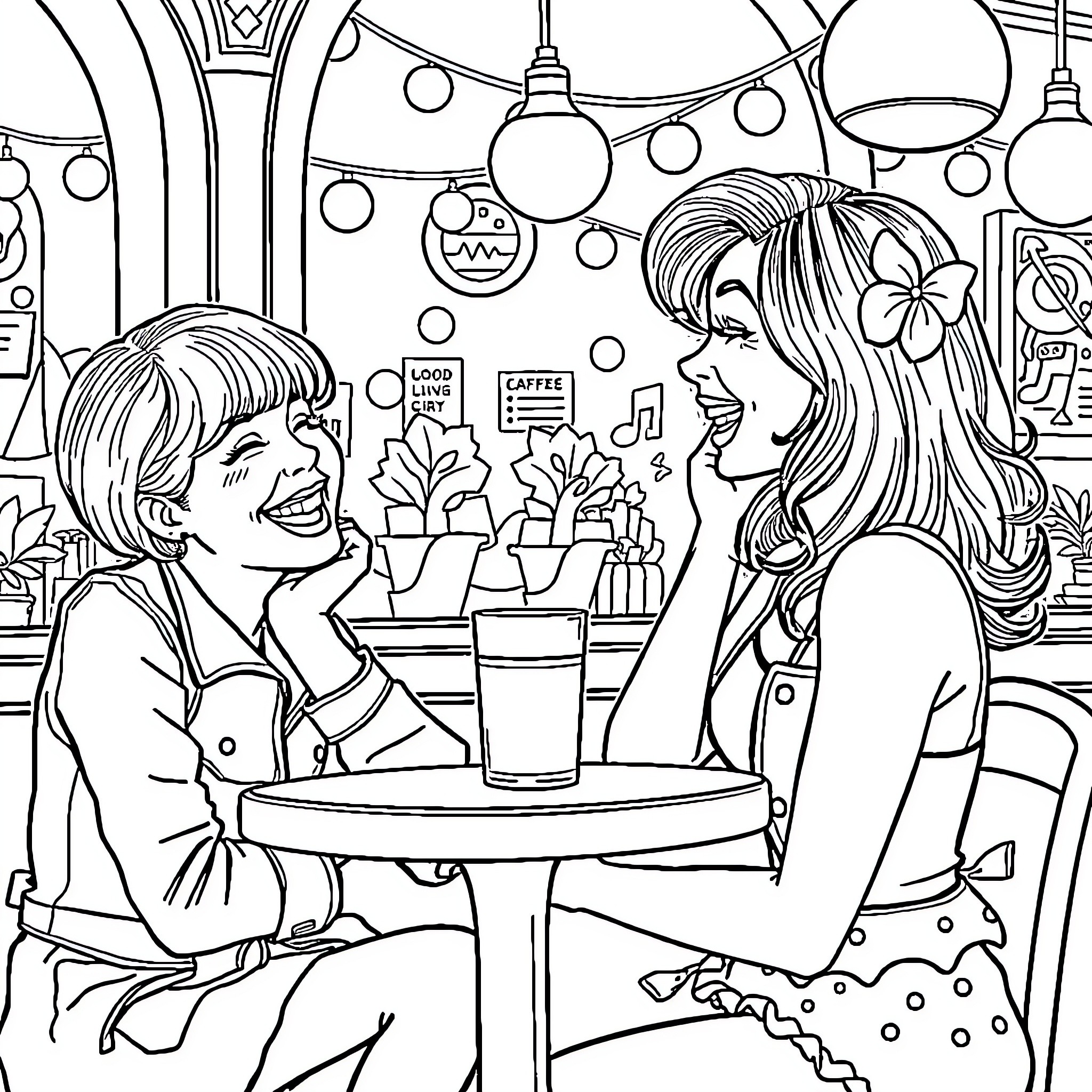 Girl friends enjoying coffee together at cafe Coloring Page (free black-and-white line drawing printable PDF for all, from beginners to advanced learners, including children, teens, adults, and seniors)