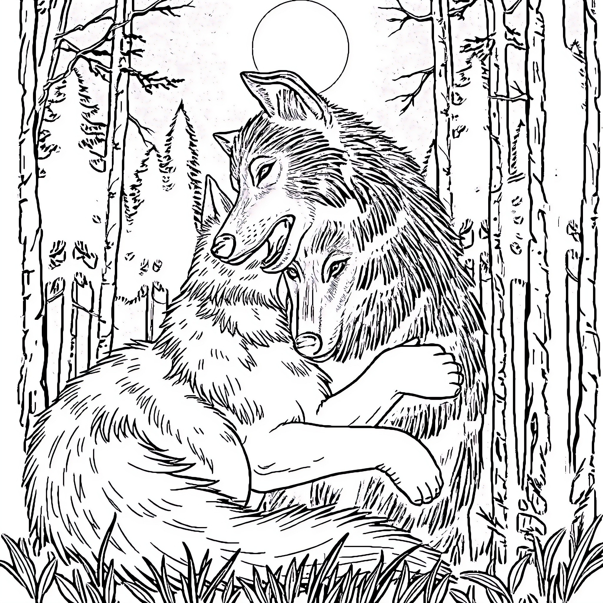 Wolf Resting in Moonlit Forest Coloring Page (free black-and-white line drawing printable PDF for all, from beginners to advanced learners, including children, teens, adults, and seniors)