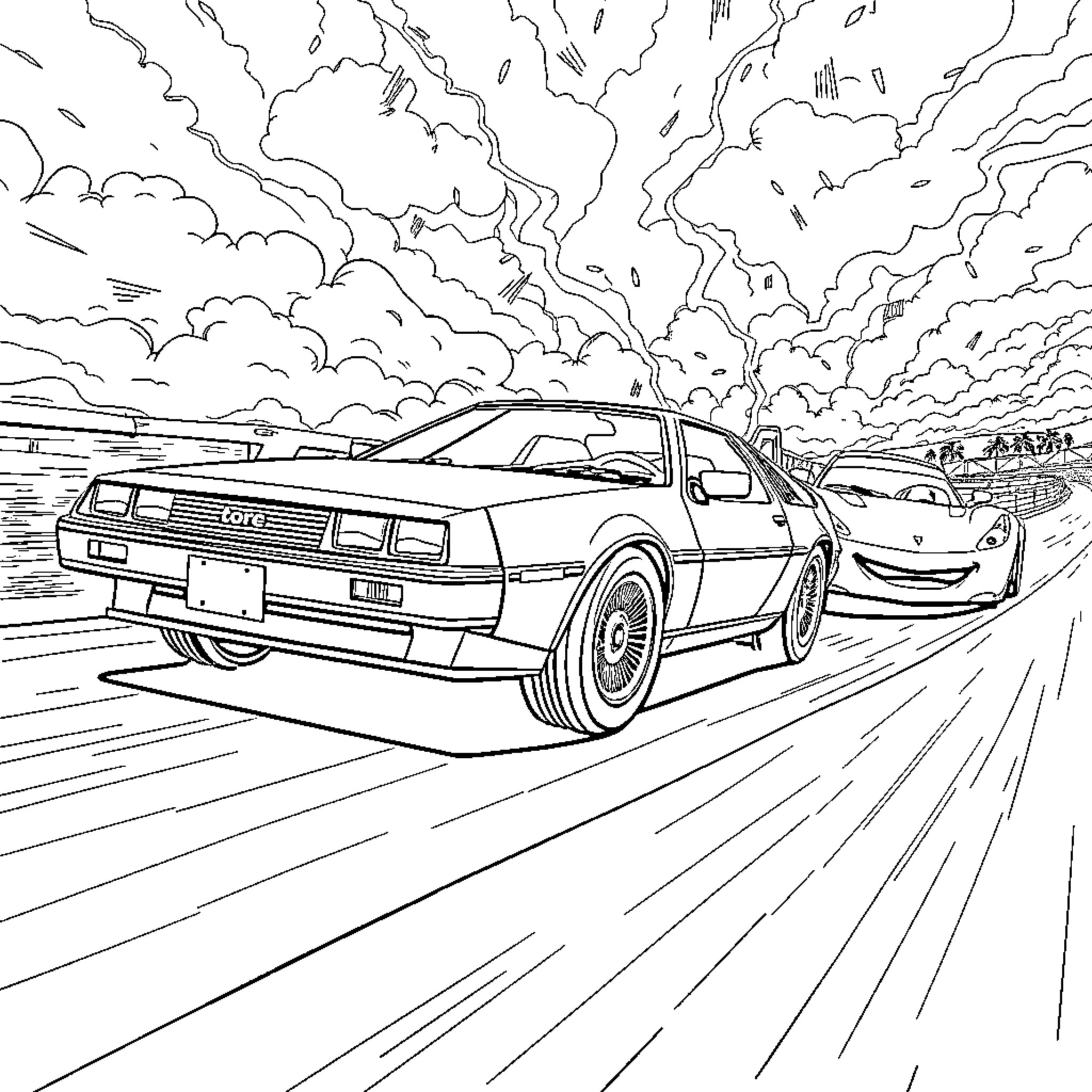 DeLorean time machine racing through chaotic landscape Coloring Page (free black-and-white line drawing printable PDF for all, from beginners to advanced learners, including children, teens, adults, and seniors)