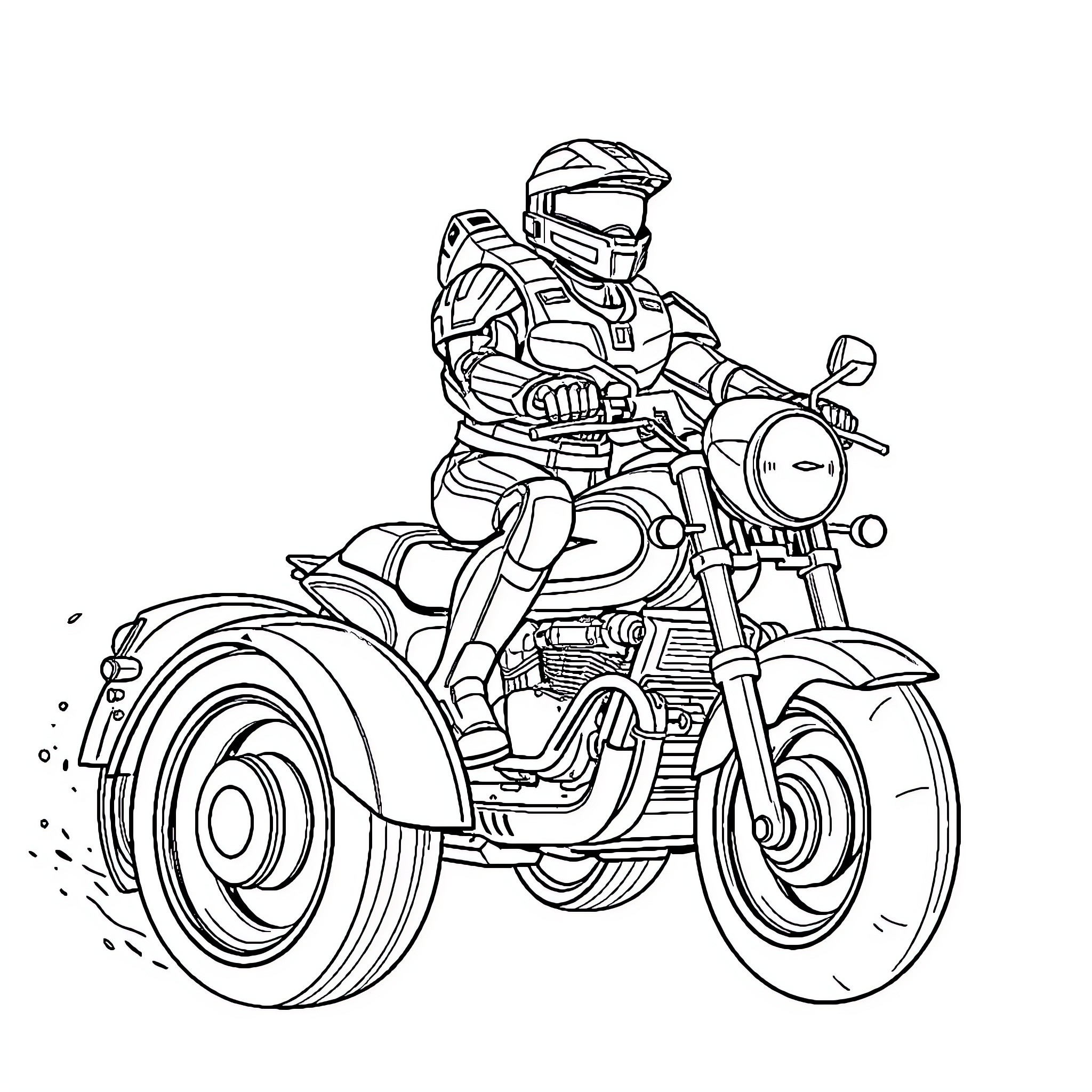 Master Chief riding a futuristic motorcycle Coloring Page (free black-and-white line drawing printable PDF for all, from beginners to advanced learners, including children, teens, adults, and seniors)