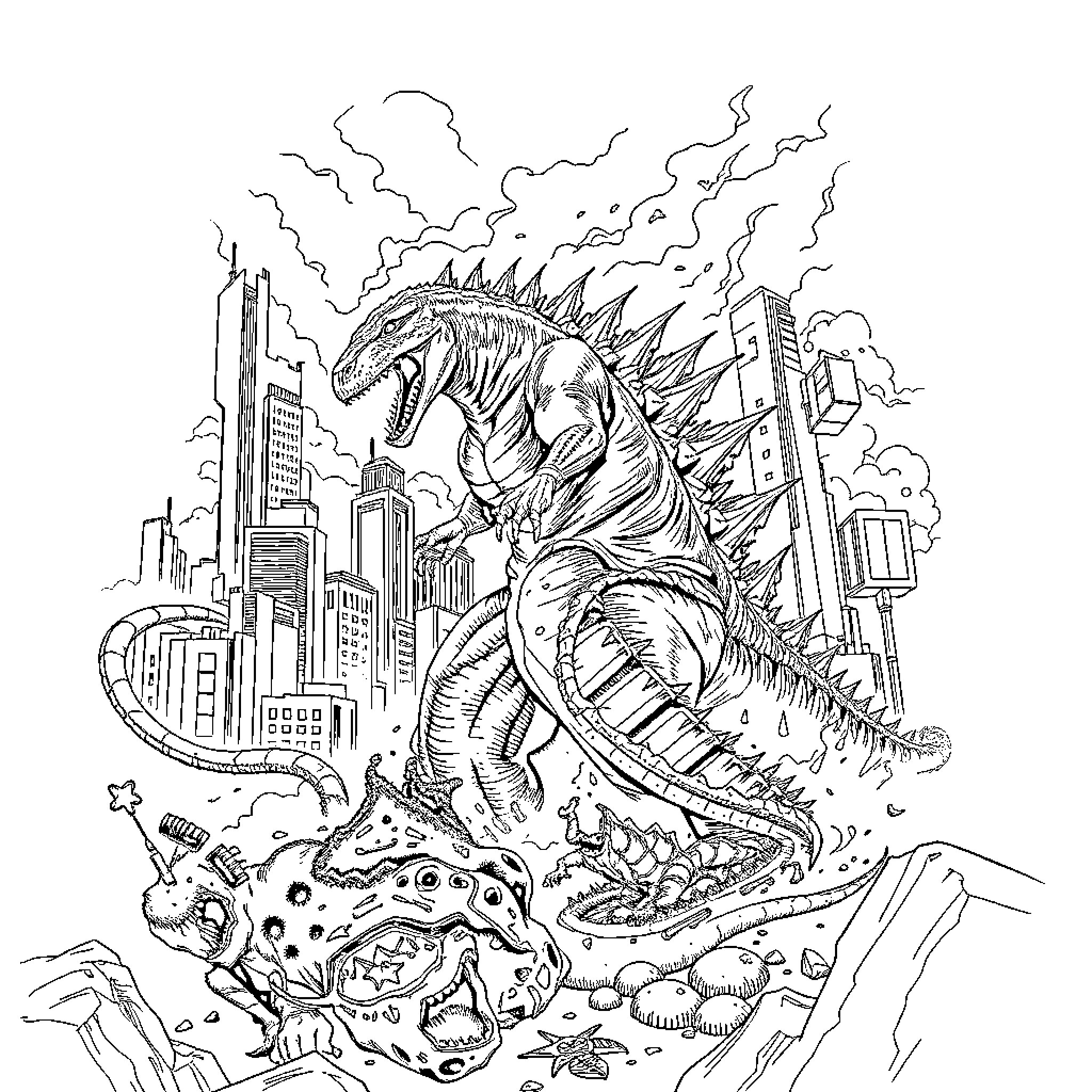 Godzilla Rampages Through the City Coloring Page (free black-and-white line drawing printable PDF for all, from beginners to advanced learners, including children, teens, adults, and seniors)