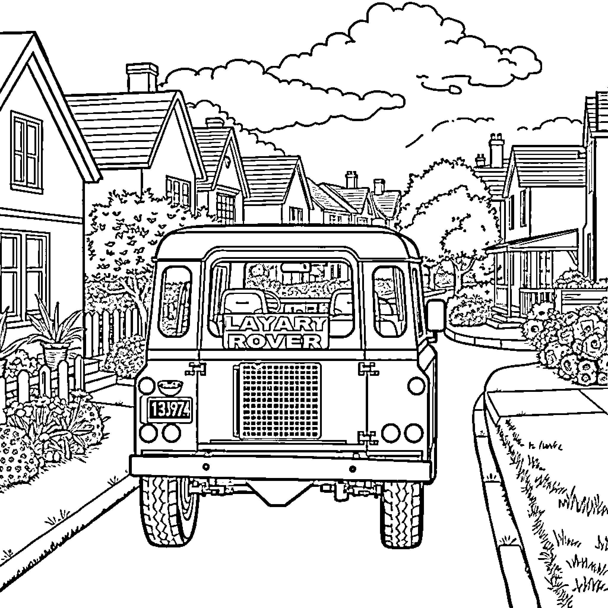 Land Rover in the Countryside Neighborhood Coloring Page (free black-and-white line drawing printable PDF for all, from beginners to advanced learners, including children, teens, adults, and seniors)