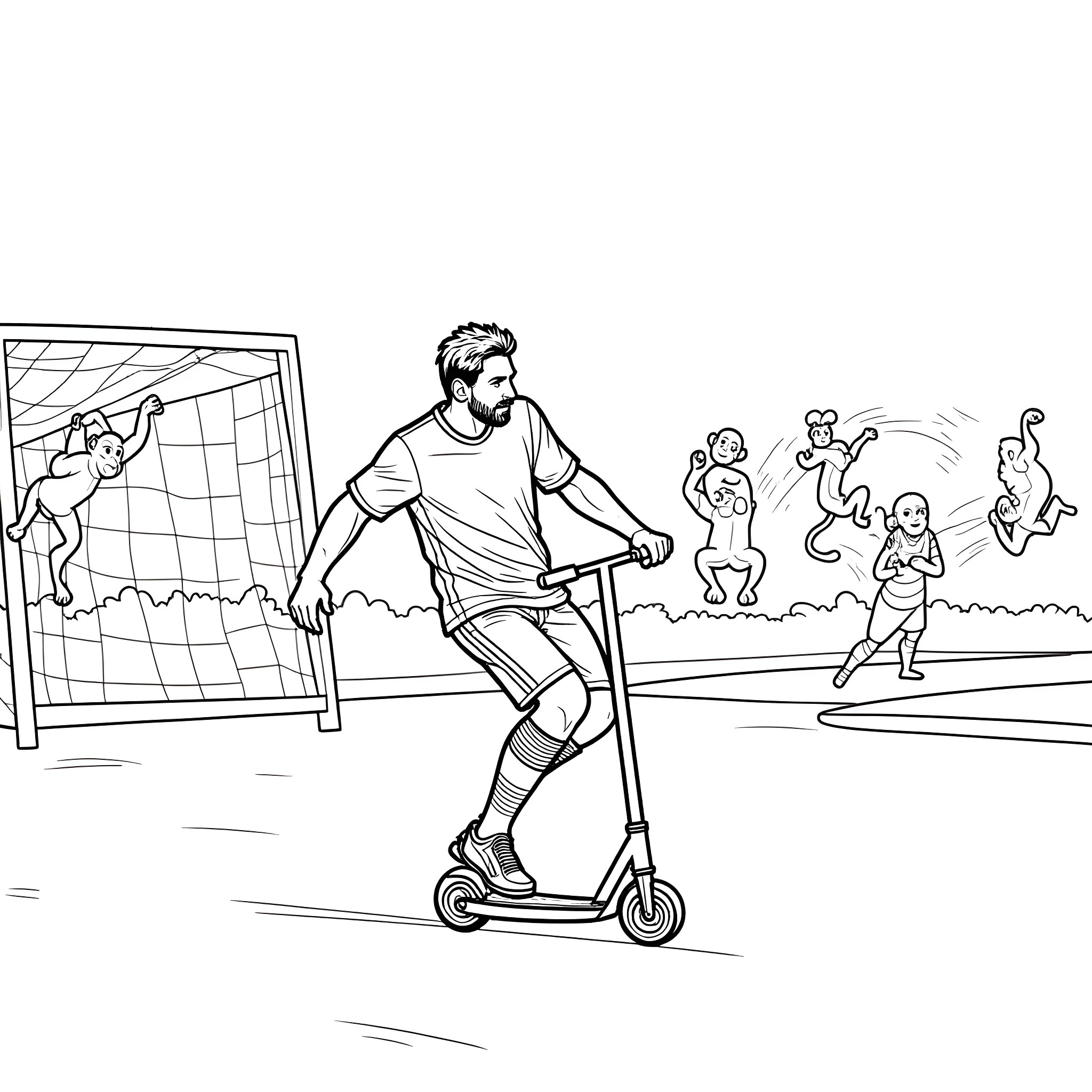 Lionel Messi rides scooter with children playing soccer Coloring Page (free black-and-white line drawing printable PDF for all, from beginners to advanced learners, including children, teens, adults, and seniors)