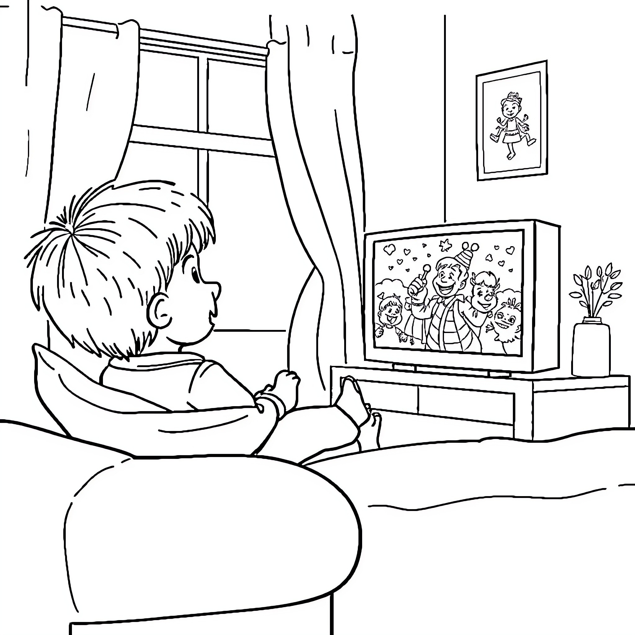 Child watching television in bedroom Coloring Page (free black-and-white line drawing printable PDF for all, from beginners to advanced learners, including children, teens, adults, and seniors)
