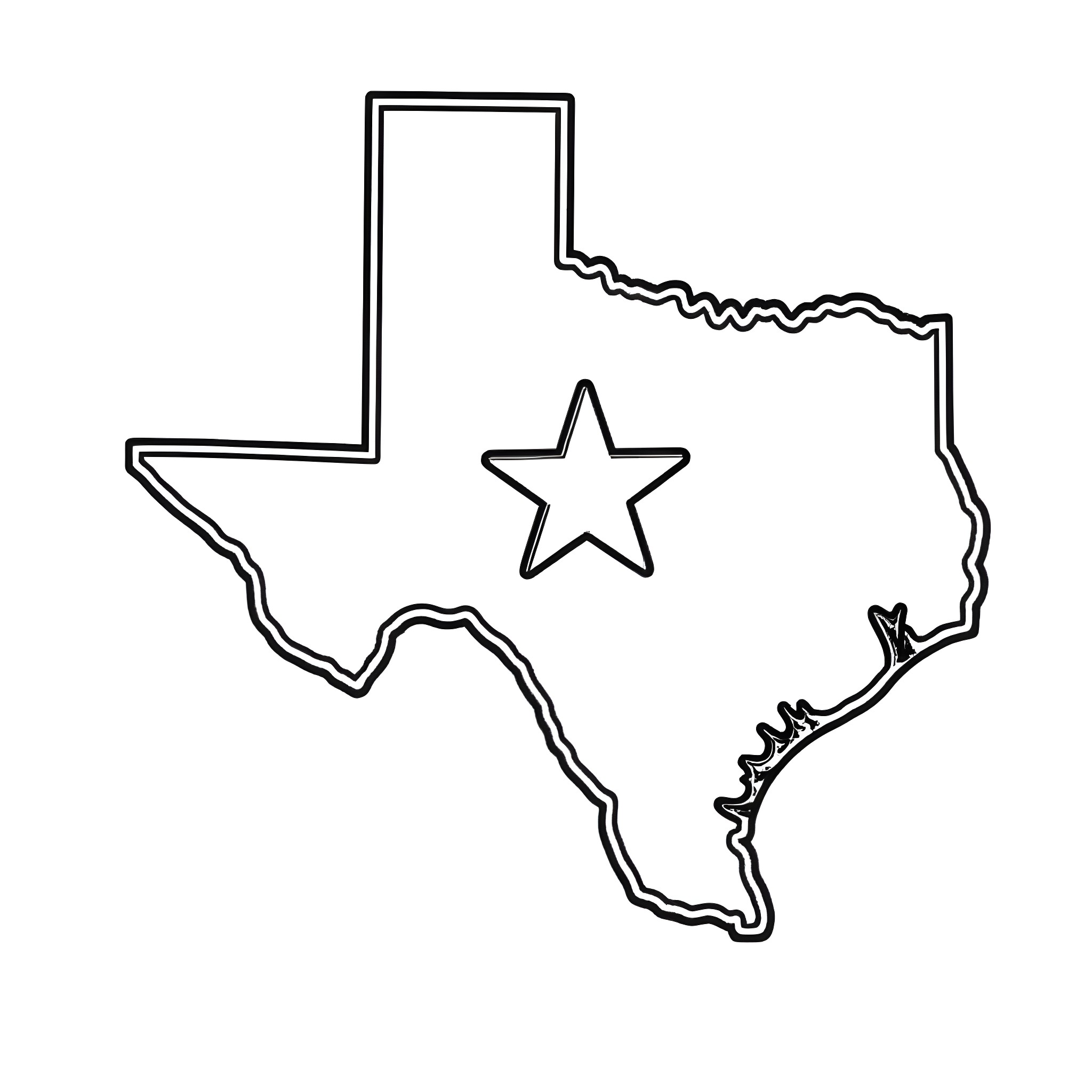 Texas Outline with Star Symbol Coloring Page (free black-and-white line drawing printable PDF for all, from beginners to advanced learners, including children, teens, adults, and seniors)