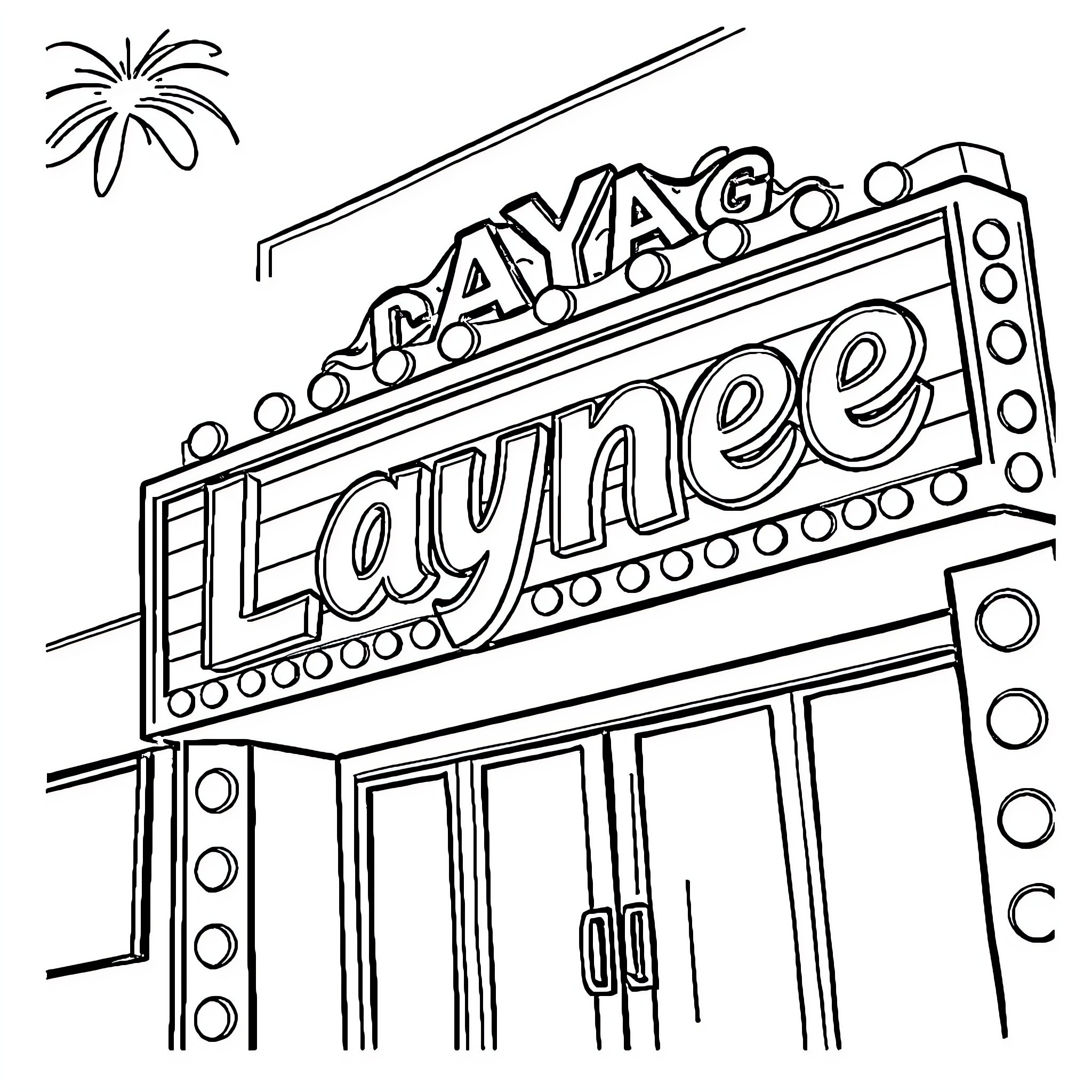 Theatre Marquee Sign With Neon Lights Coloring Page (free black-and-white line drawing printable PDF for all, from beginners to advanced learners, including children, teens, adults, and seniors)