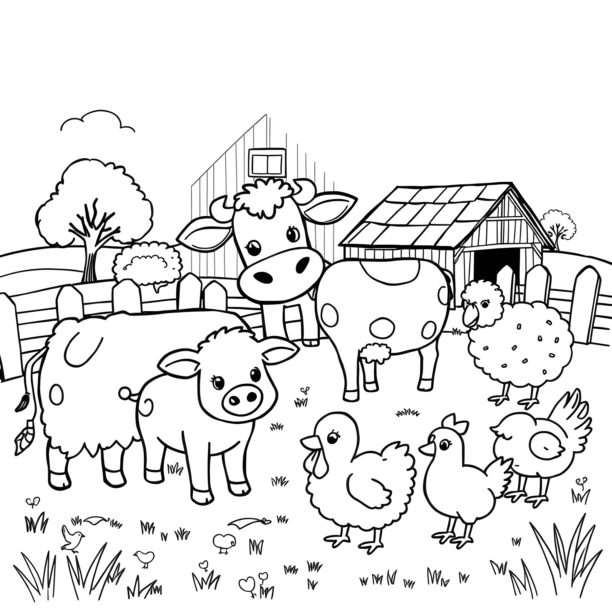 Animal farm scene with cute livestock characters Coloring Page (free black-and-white line drawing printable PDF for all, from beginners to advanced learners, including children, teens, adults, and seniors)