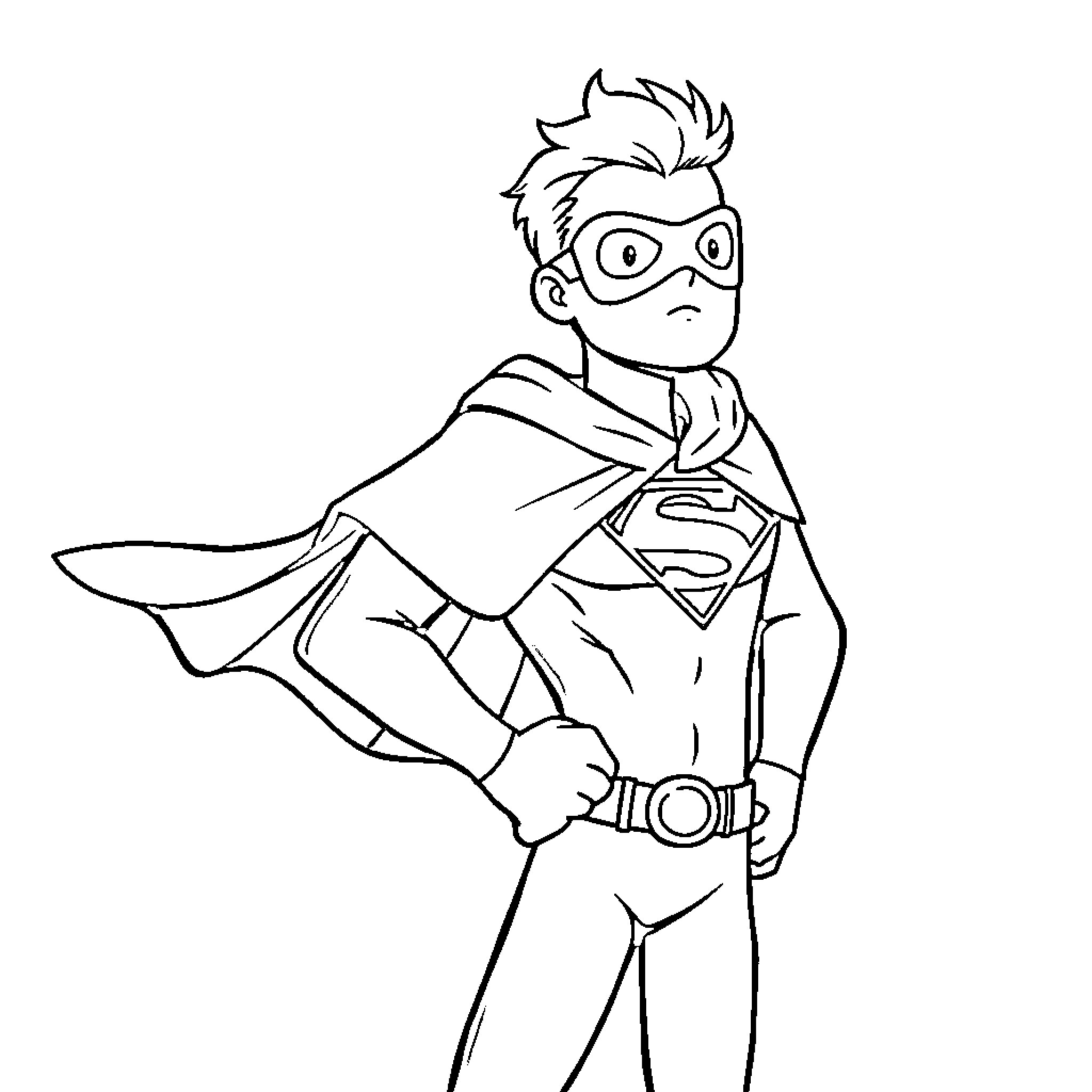 Hero in superhero outfit with cape Coloring Page (free black-and-white line drawing printable PDF for all, from beginners to advanced learners, including children, teens, adults, and seniors)