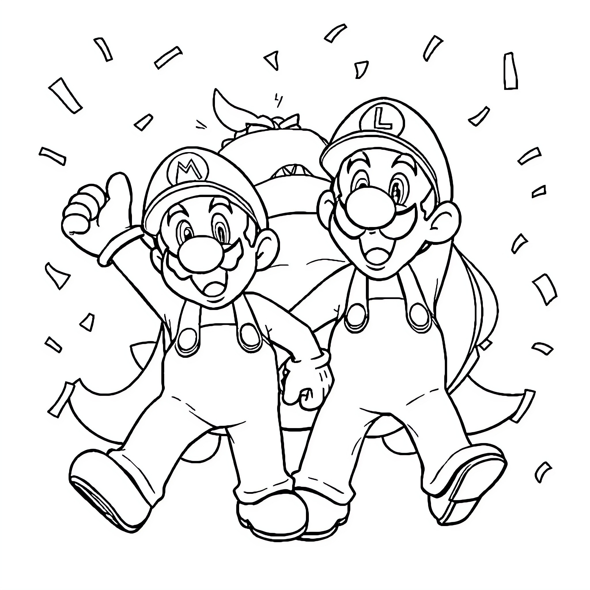 Mario and Luigi celebrating joyfully Coloring Page (free black-and-white line drawing printable PDF for all, from beginners to advanced learners, including children, teens, adults, and seniors)