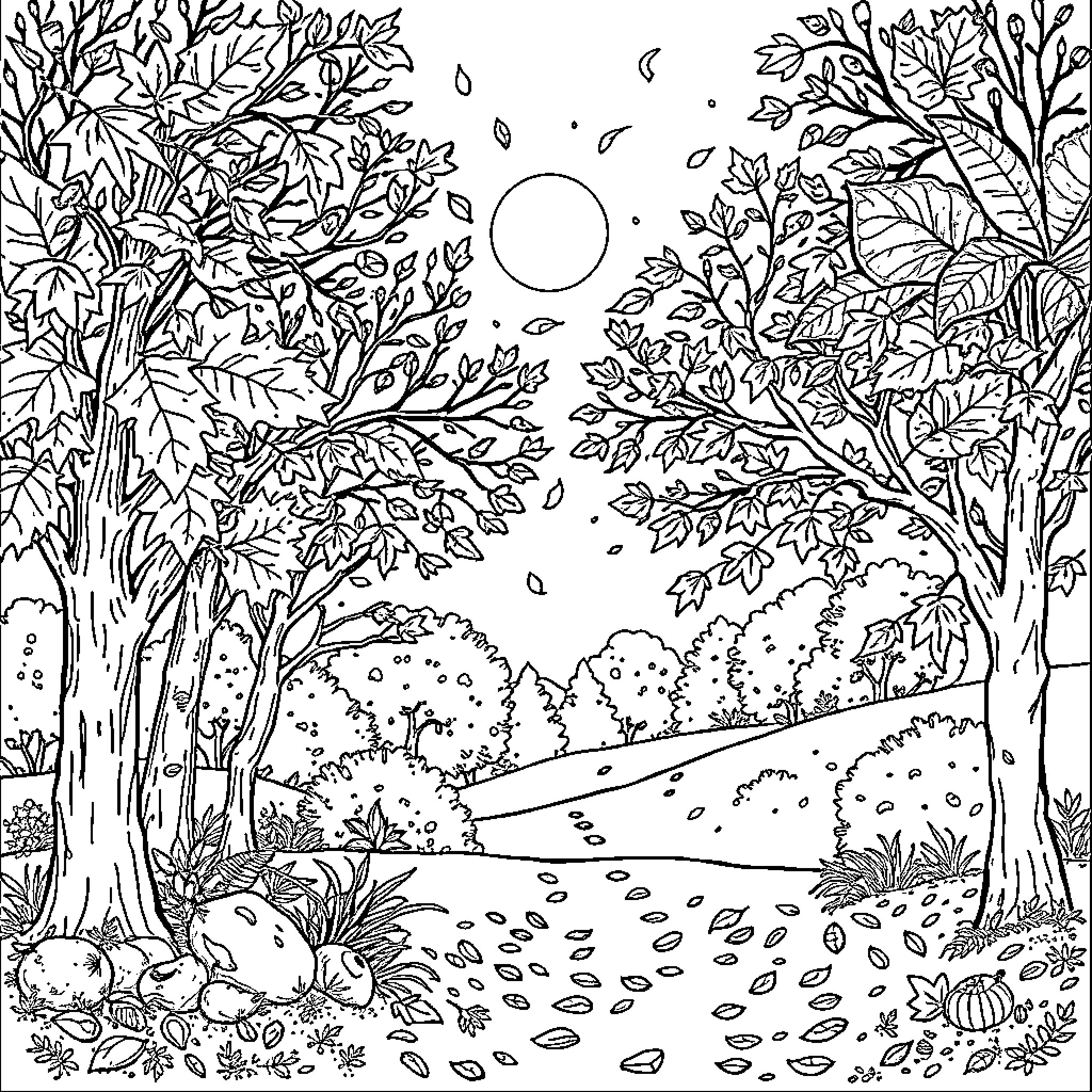 Autumn Woodland Scene with Falling Leaves Coloring Page (free black-and-white line drawing printable PDF for all, from beginners to advanced learners, including children, teens, adults, and seniors)