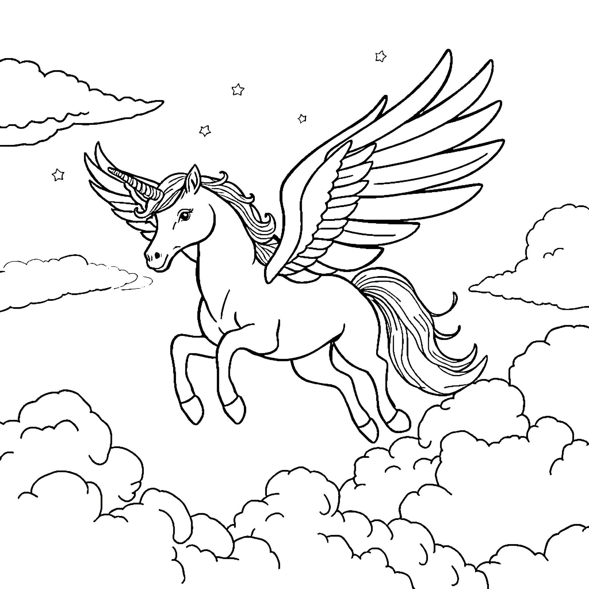 Unicorn soaring among the clouds in the starry sky Coloring Page (free black-and-white line drawing printable PDF for all, from beginners to advanced learners, including children, teens, adults, and seniors)