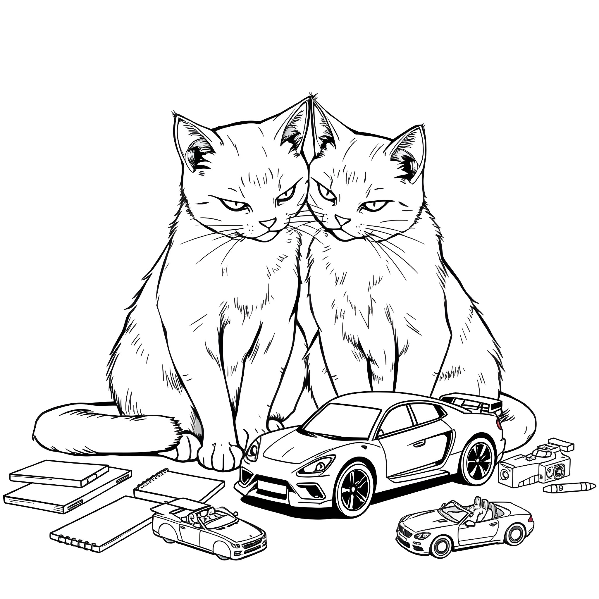 Cat Siblings Surrounded by Toy Cars Coloring Page (free black-and-white line drawing printable PDF for all, from beginners to advanced learners, including children, teens, adults, and seniors)