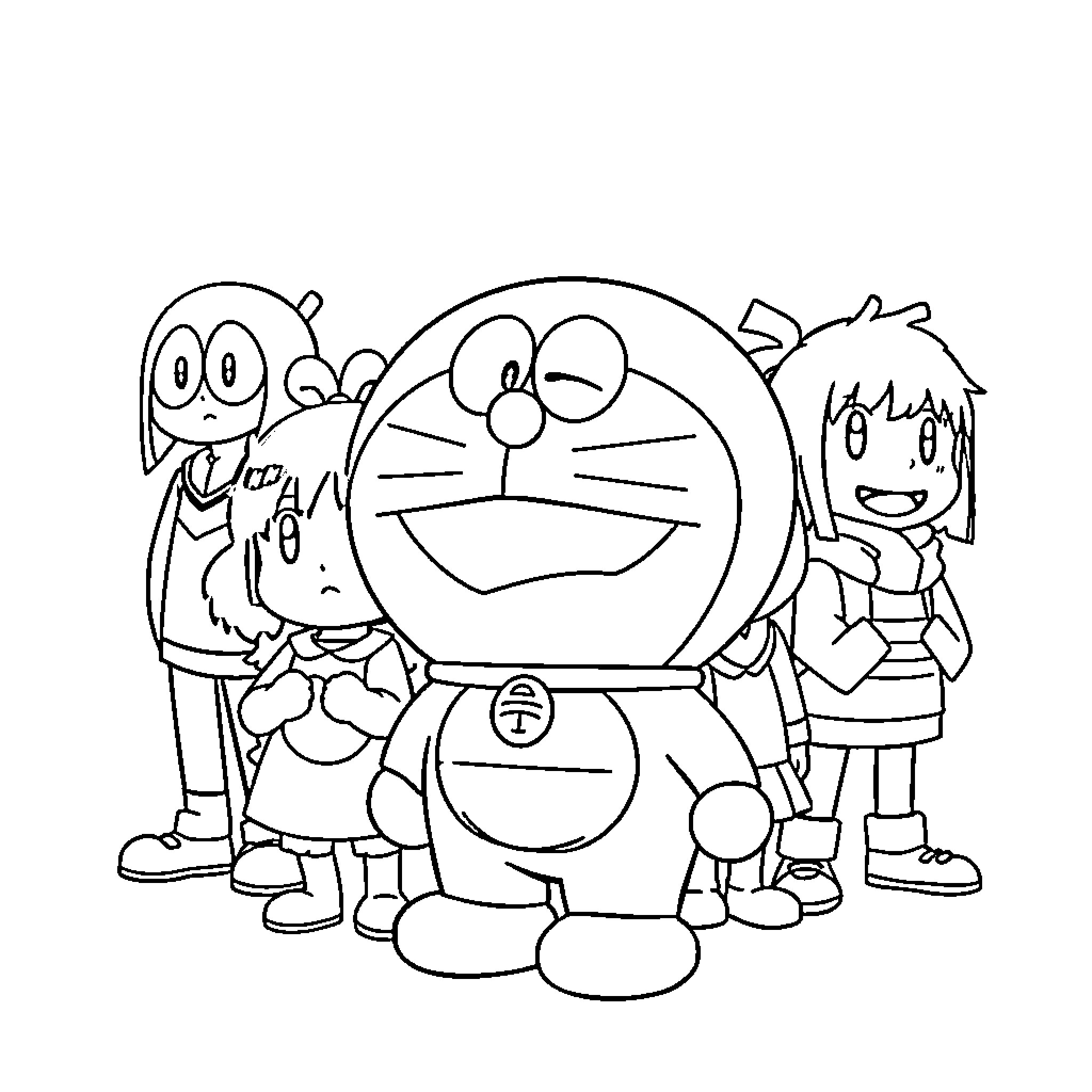 Doraemon and friends in a playful scene Coloring Page (free black-and-white line drawing printable PDF for all, from beginners to advanced learners, including children, teens, adults, and seniors)