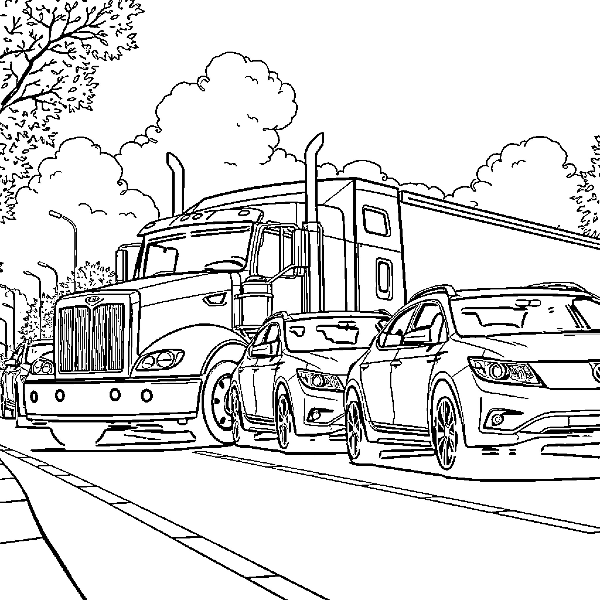 Truck transporting cars on a busy street Coloring Page (free black-and-white line drawing printable PDF for all, from beginners to advanced learners, including children, teens, adults, and seniors)
