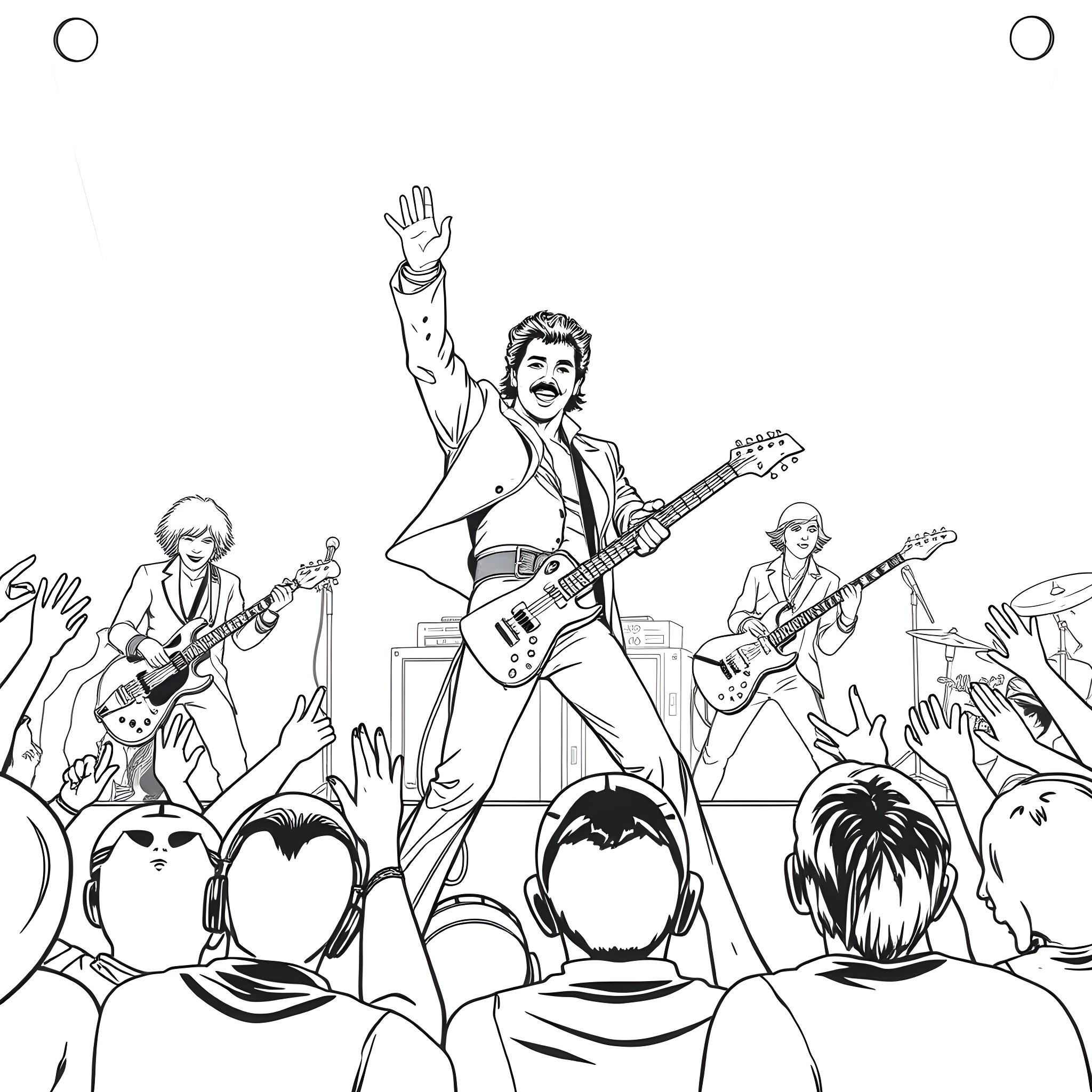 Queen Performing Energetic Rock Concert Coloring Page (free black-and-white line drawing printable PDF for all, from beginners to advanced learners, including children, teens, adults, and seniors)