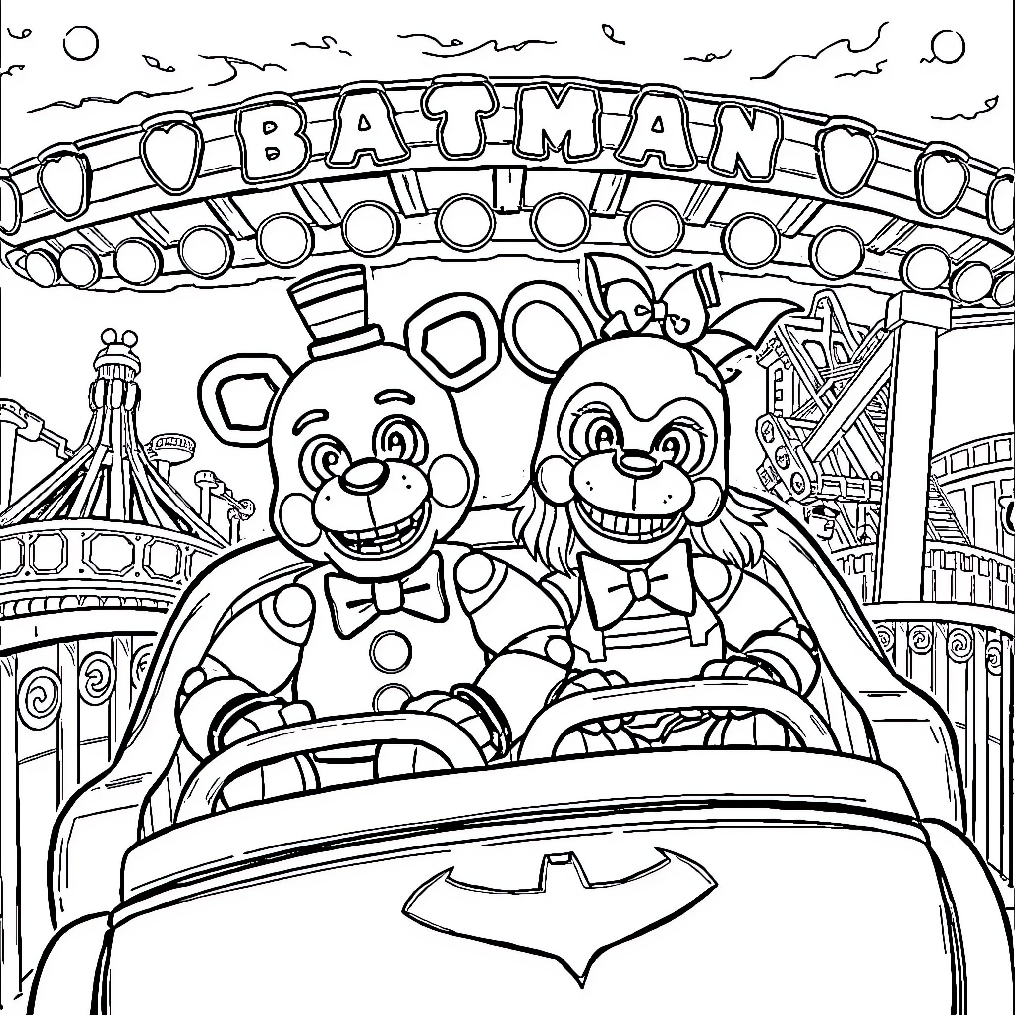 FNAF Character Riding a Rollercoaster Coloring Page (free black-and-white line drawing printable PDF for all, from beginners to advanced learners, including children, teens, adults, and seniors)