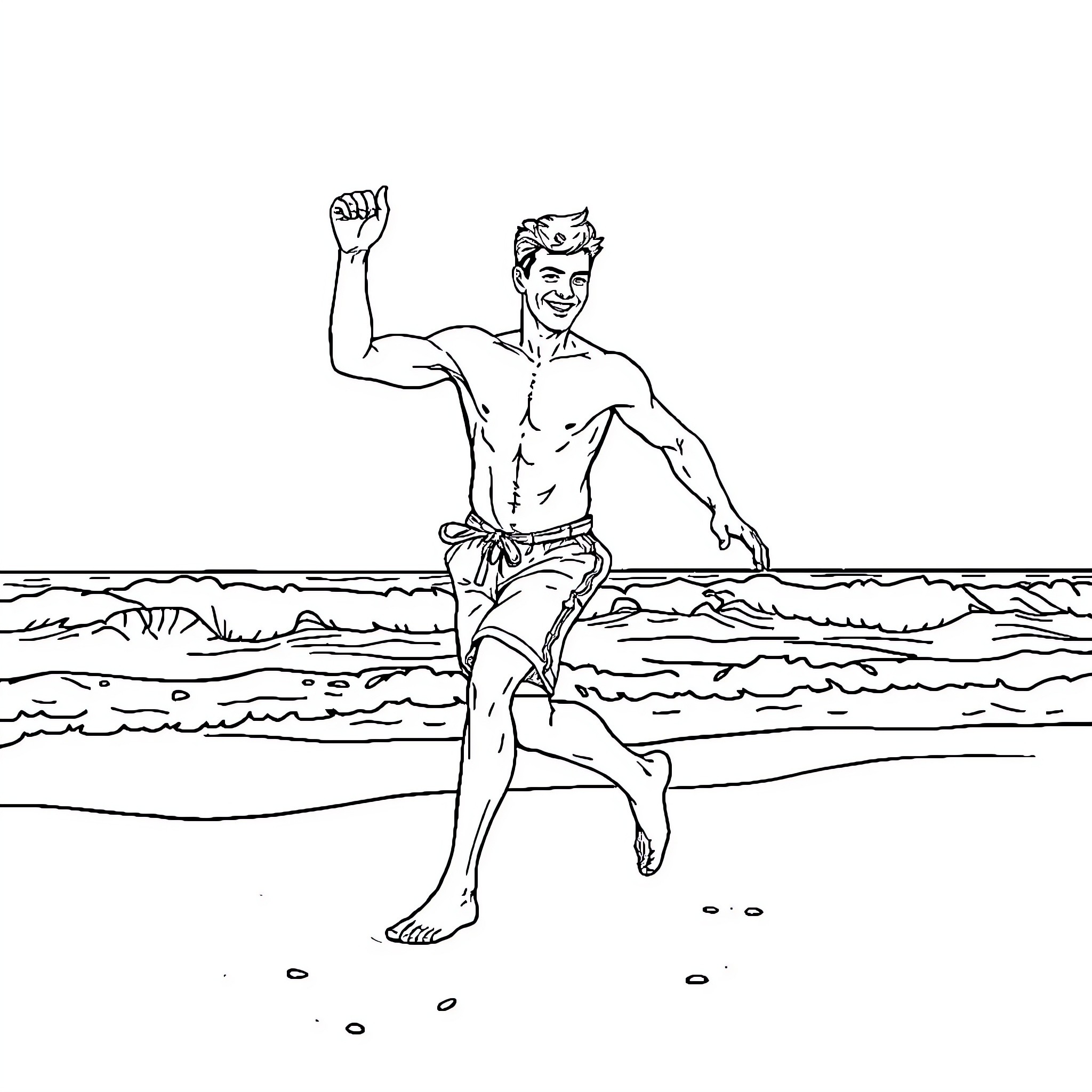 Cristiano running joyfully on the beach Coloring Page (free black-and-white line drawing printable PDF for all, from beginners to advanced learners, including children, teens, adults, and seniors)