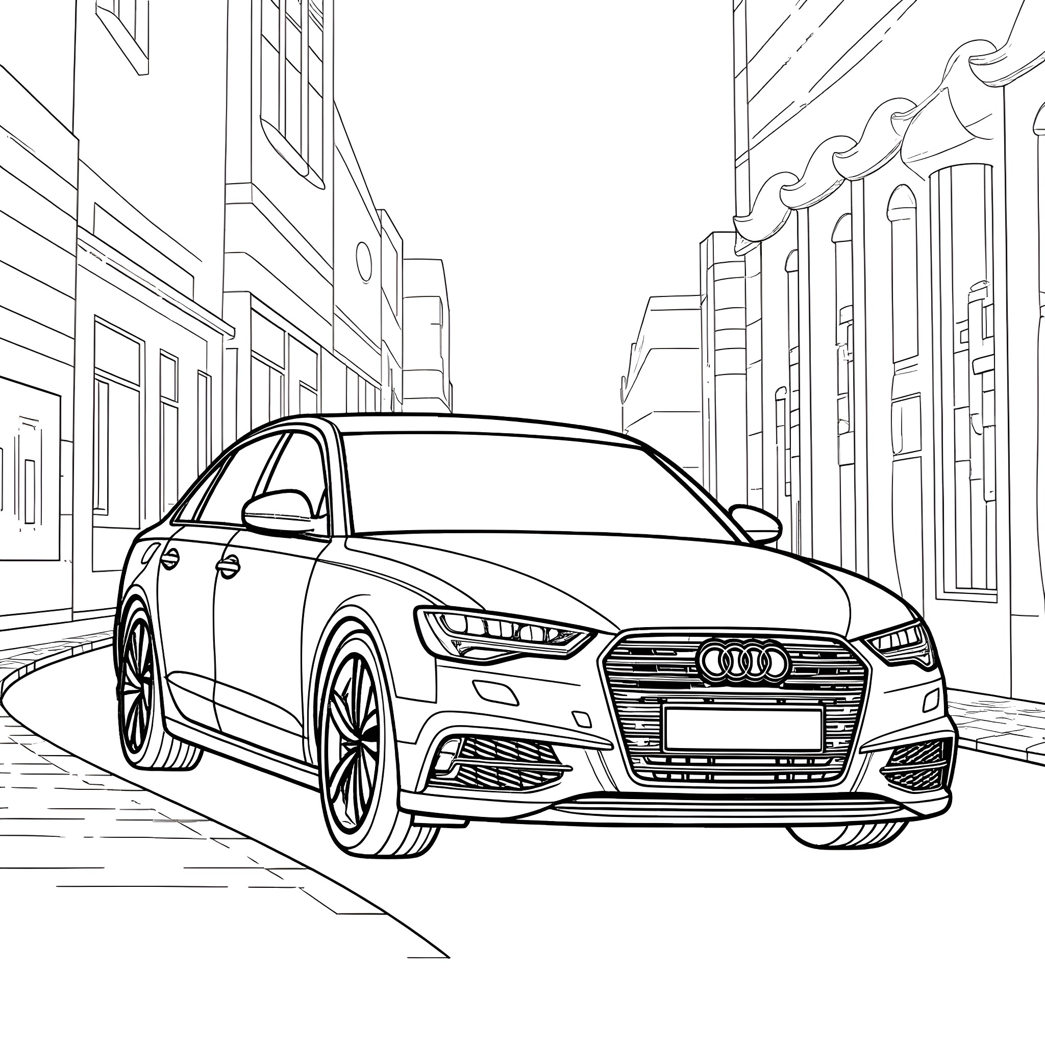 Audi A6 in a city street Coloring Page (free black-and-white line drawing printable PDF for all, from beginners to advanced learners, including children, teens, adults, and seniors)