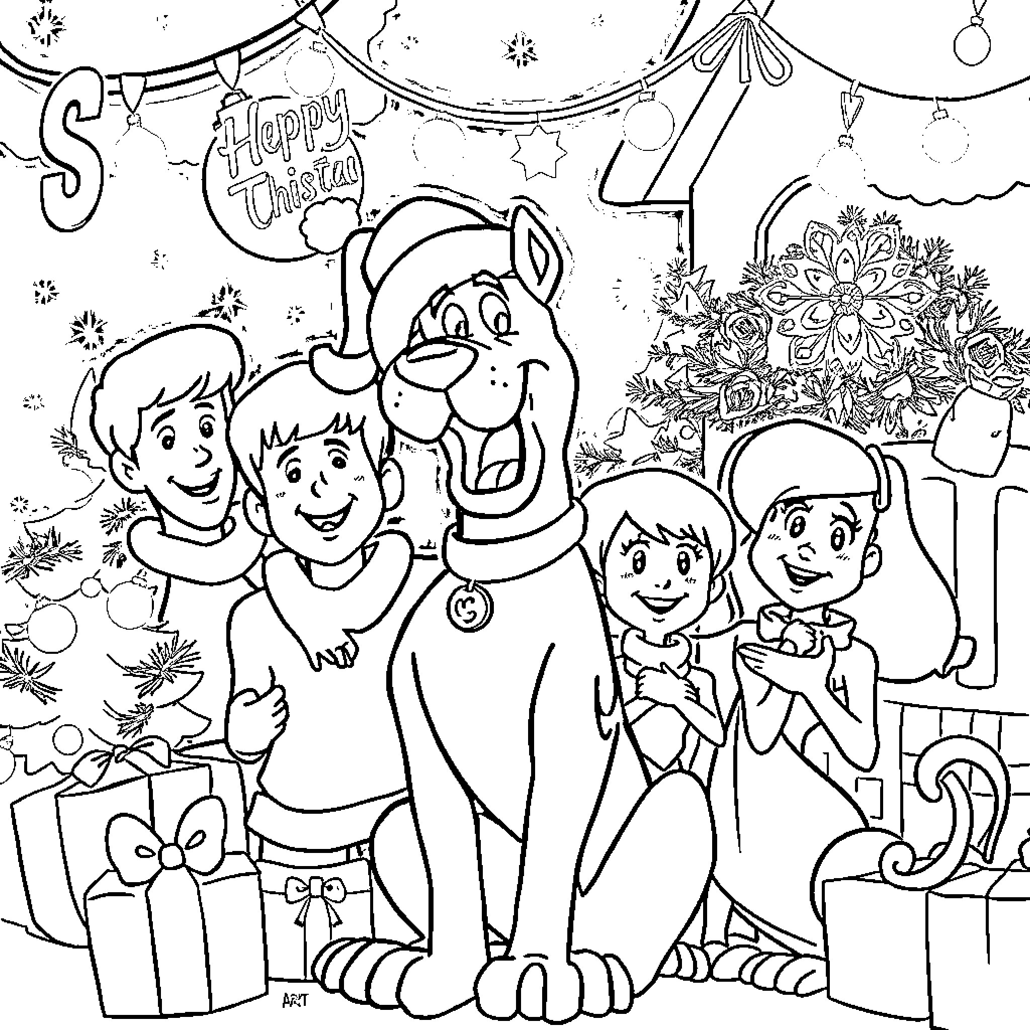 Scooby Doo and friends celebrating Christmas Coloring Page (free black-and-white line drawing printable PDF for all, from beginners to advanced learners, including children, teens, adults, and seniors)