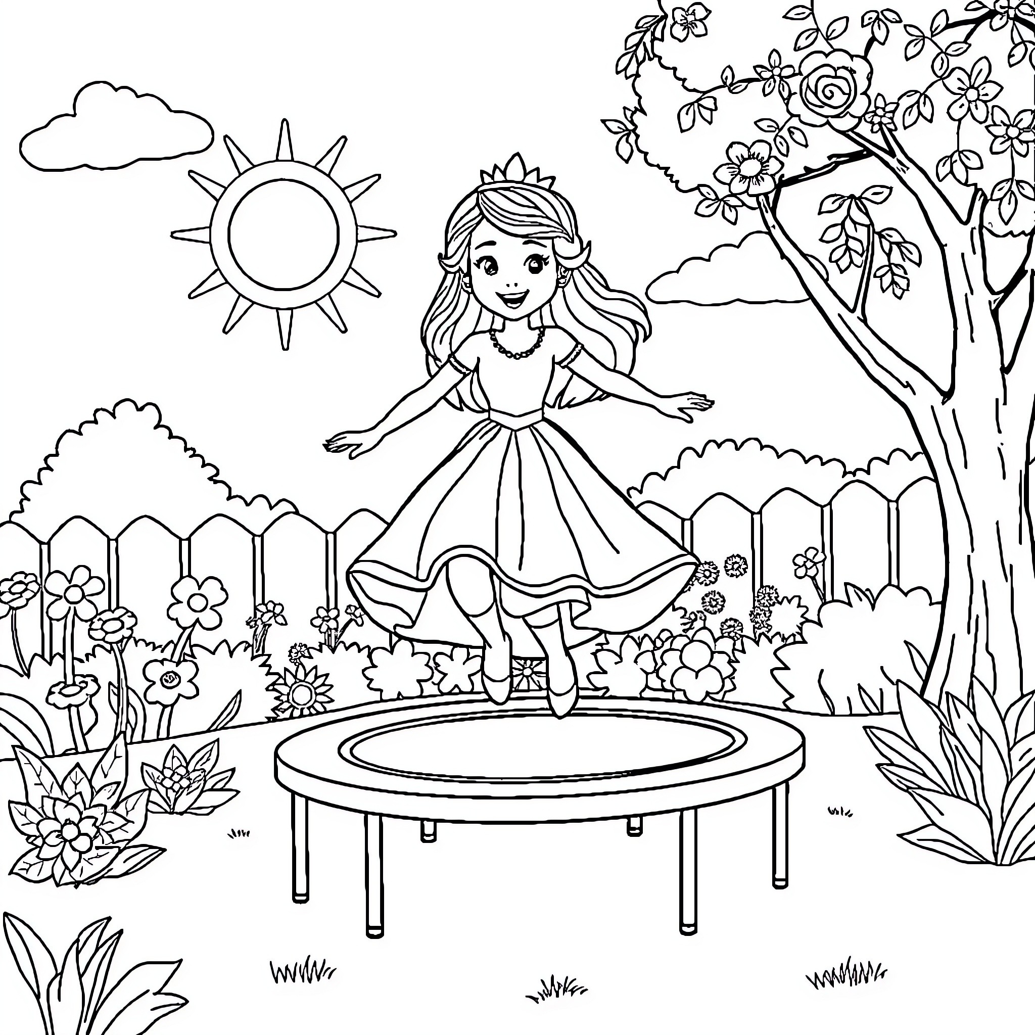 Princess joyfully jumping on trampoline in nature Coloring Page (free black-and-white line drawing printable PDF for all, from beginners to advanced learners, including children, teens, adults, and seniors)