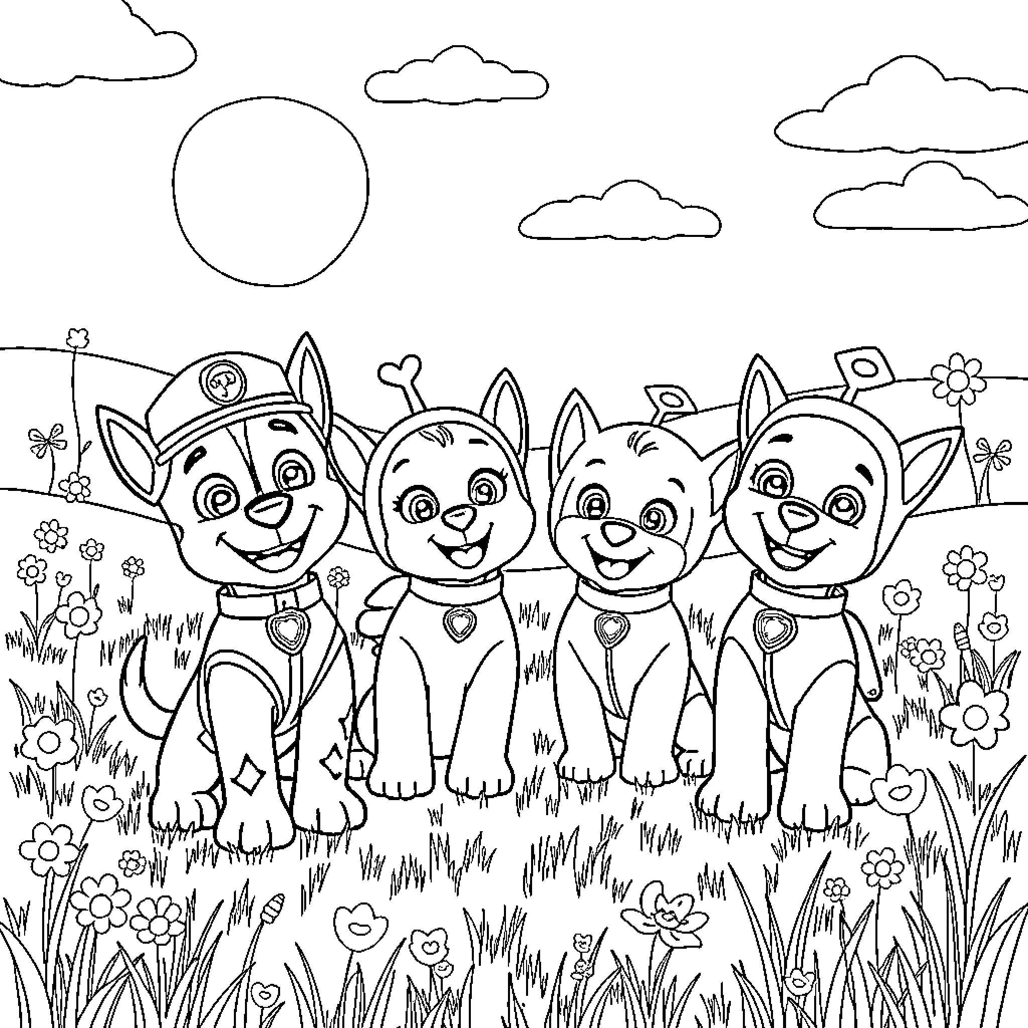 Paw Patrol characters playing together in the park Coloring Page (free black-and-white line drawing printable PDF for all, from beginners to advanced learners, including children, teens, adults, and seniors)