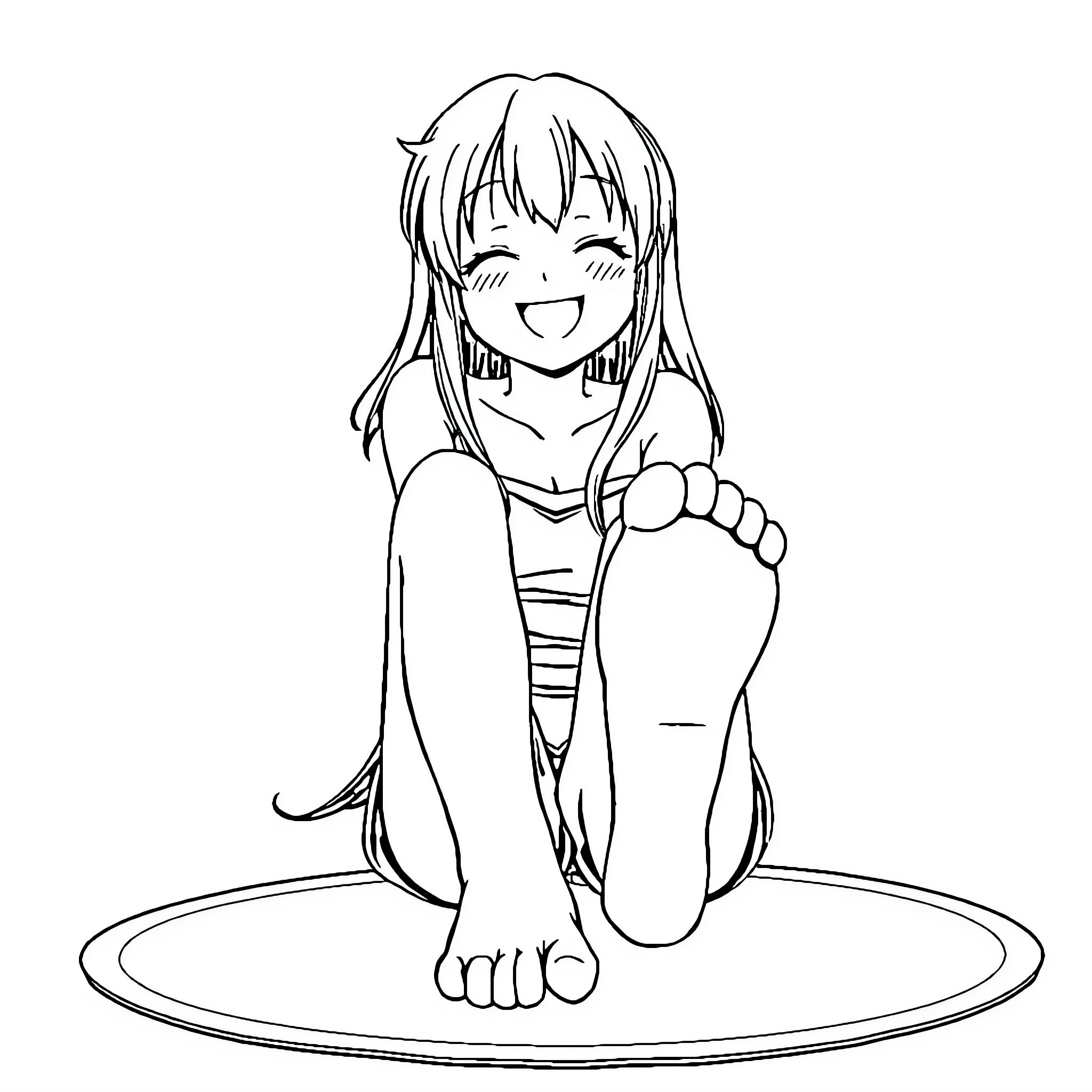 Hinata happily smiling with feet in focus Coloring Page (free black-and-white line drawing printable PDF for all, from beginners to advanced learners, including children, teens, adults, and seniors)