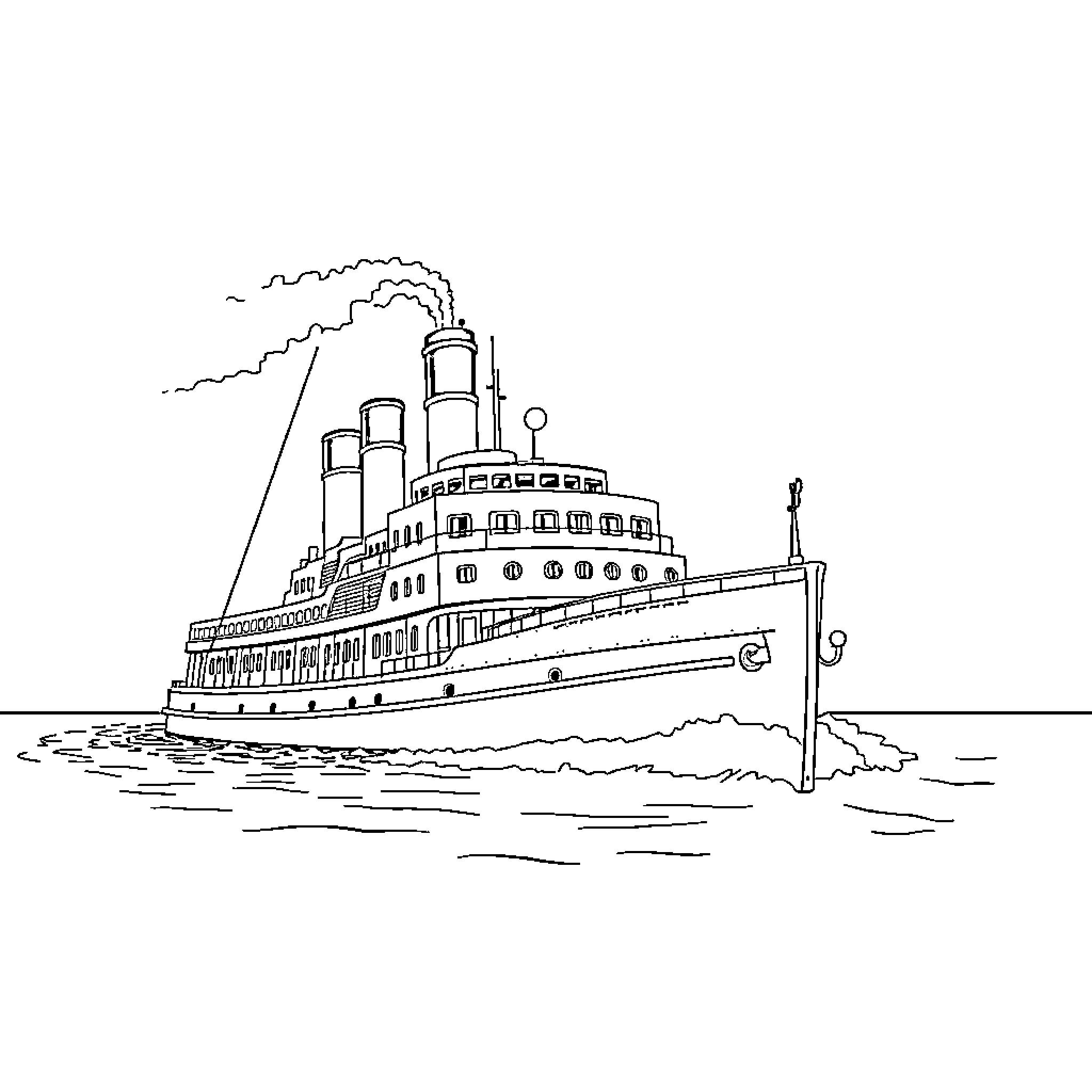 Steamship sailing on the open water Coloring Page (free black-and-white line drawing printable PDF for all, from beginners to advanced learners, including children, teens, adults, and seniors)