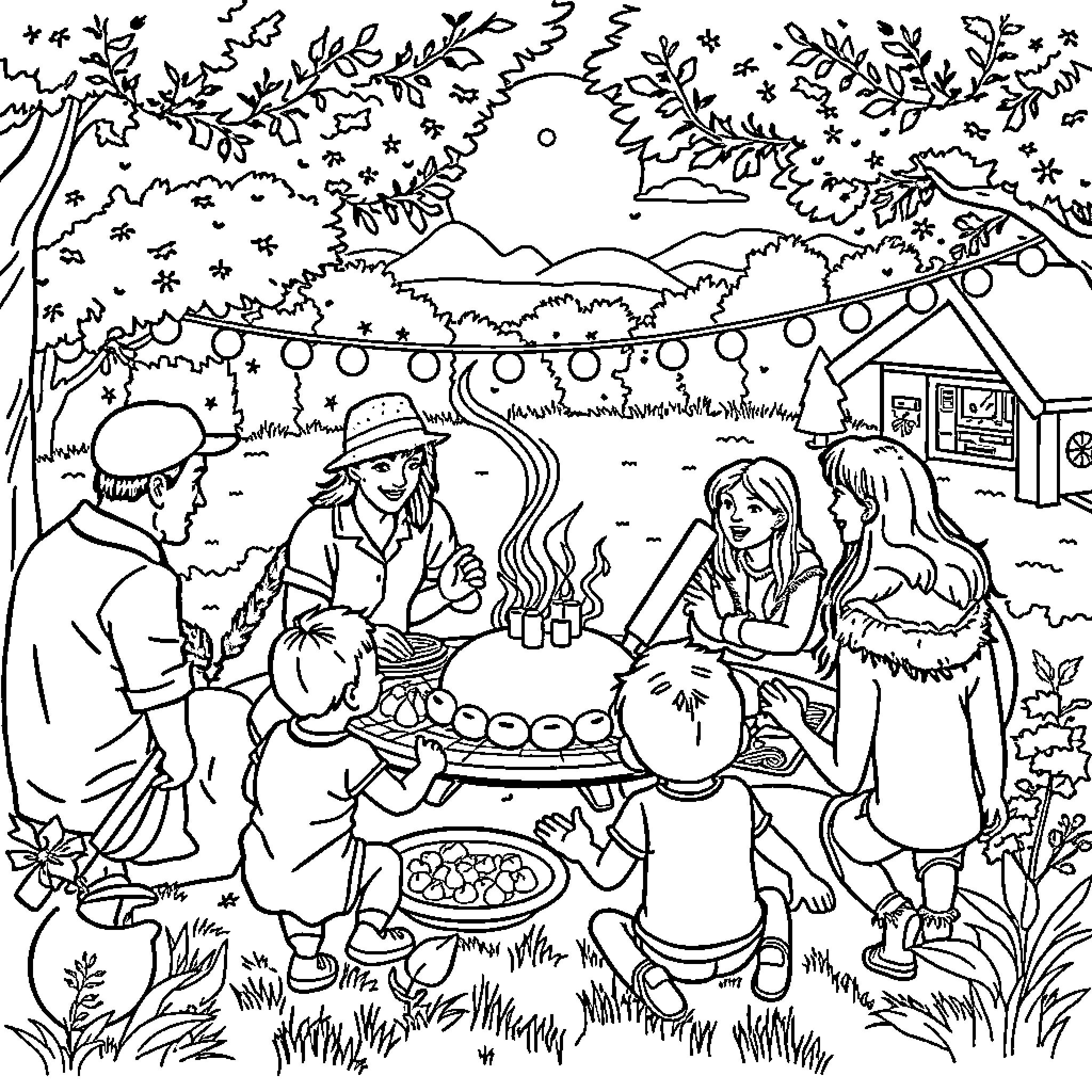 Kiwiana: Family Enjoying Traditional Outdoor Gathering Coloring Page (free black-and-white line drawing printable PDF for all, from beginners to advanced learners, including children, teens, adults, and seniors)