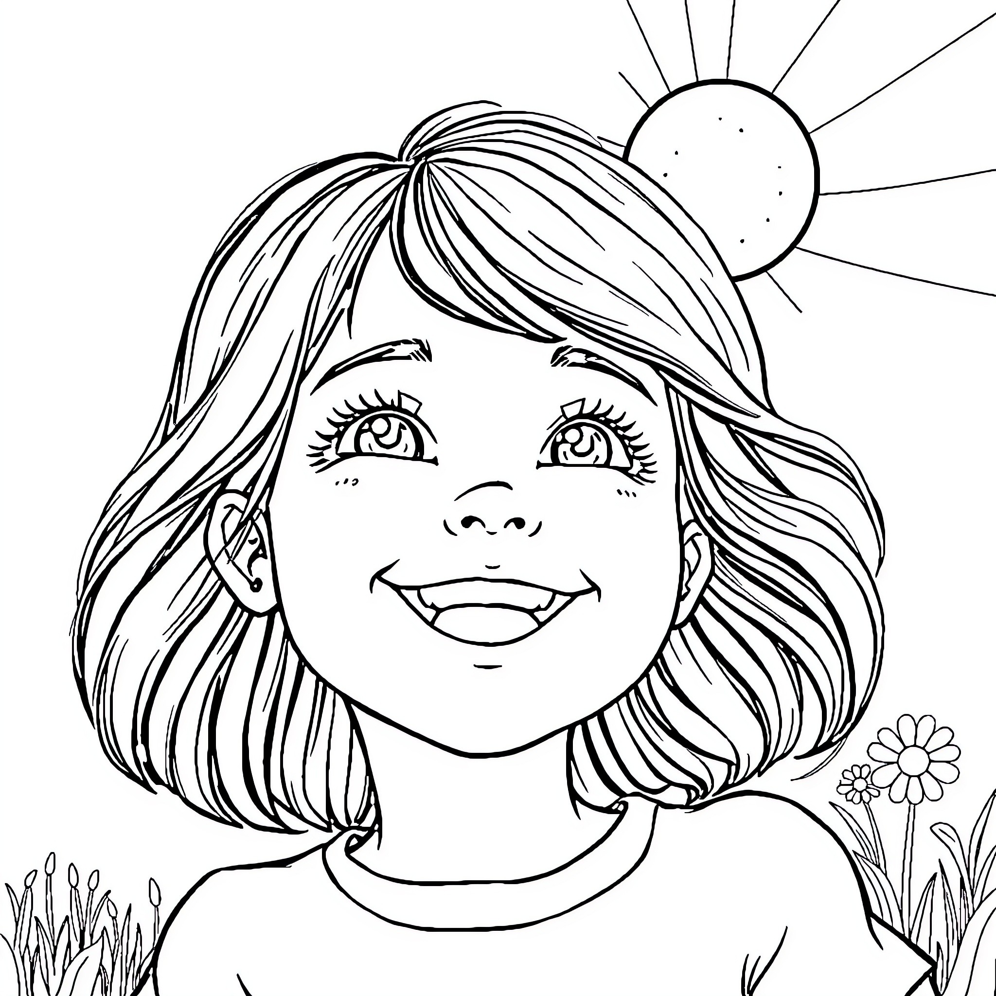 Girl exploring the sun-filled outdoors Coloring Page (free black-and-white line drawing printable PDF for all, from beginners to advanced learners, including children, teens, adults, and seniors)