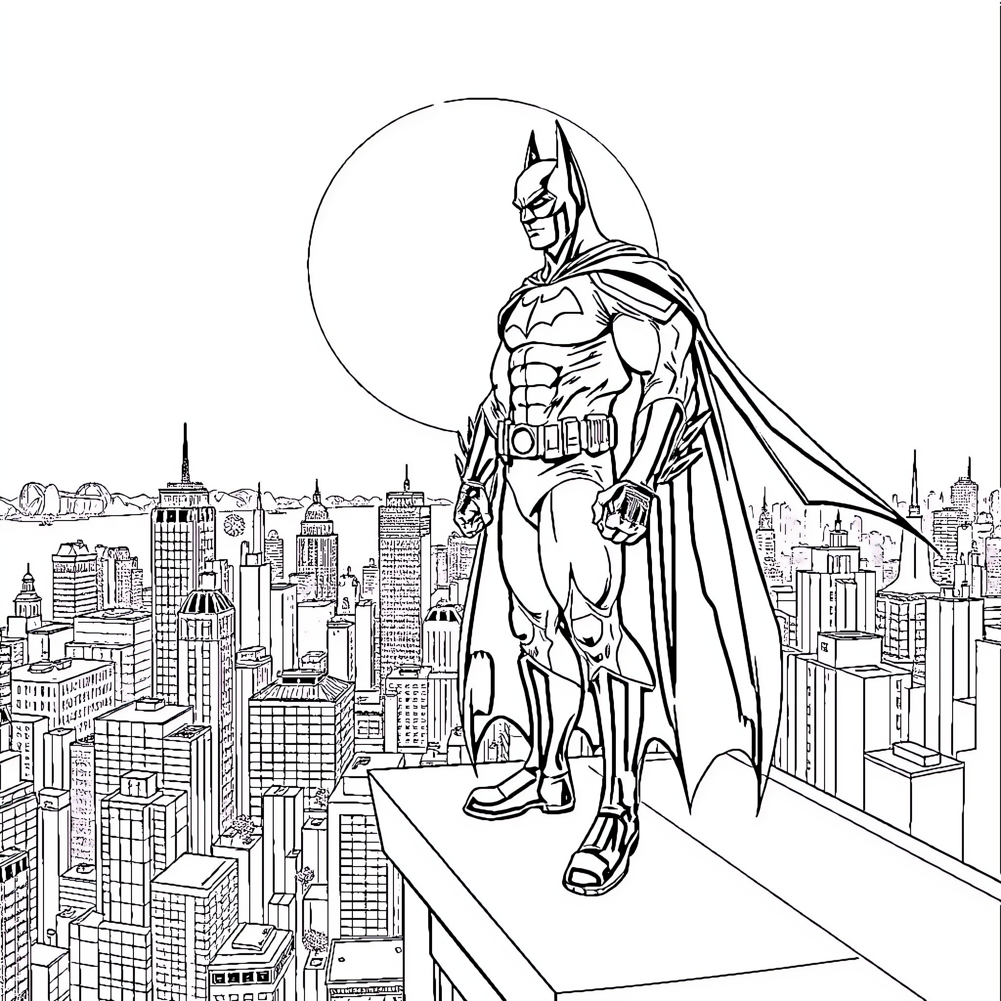 Batman overlooking the cityscape in action pose Coloring Page (free black-and-white line drawing printable PDF for all, from beginners to advanced learners, including children, teens, adults, and seniors)
