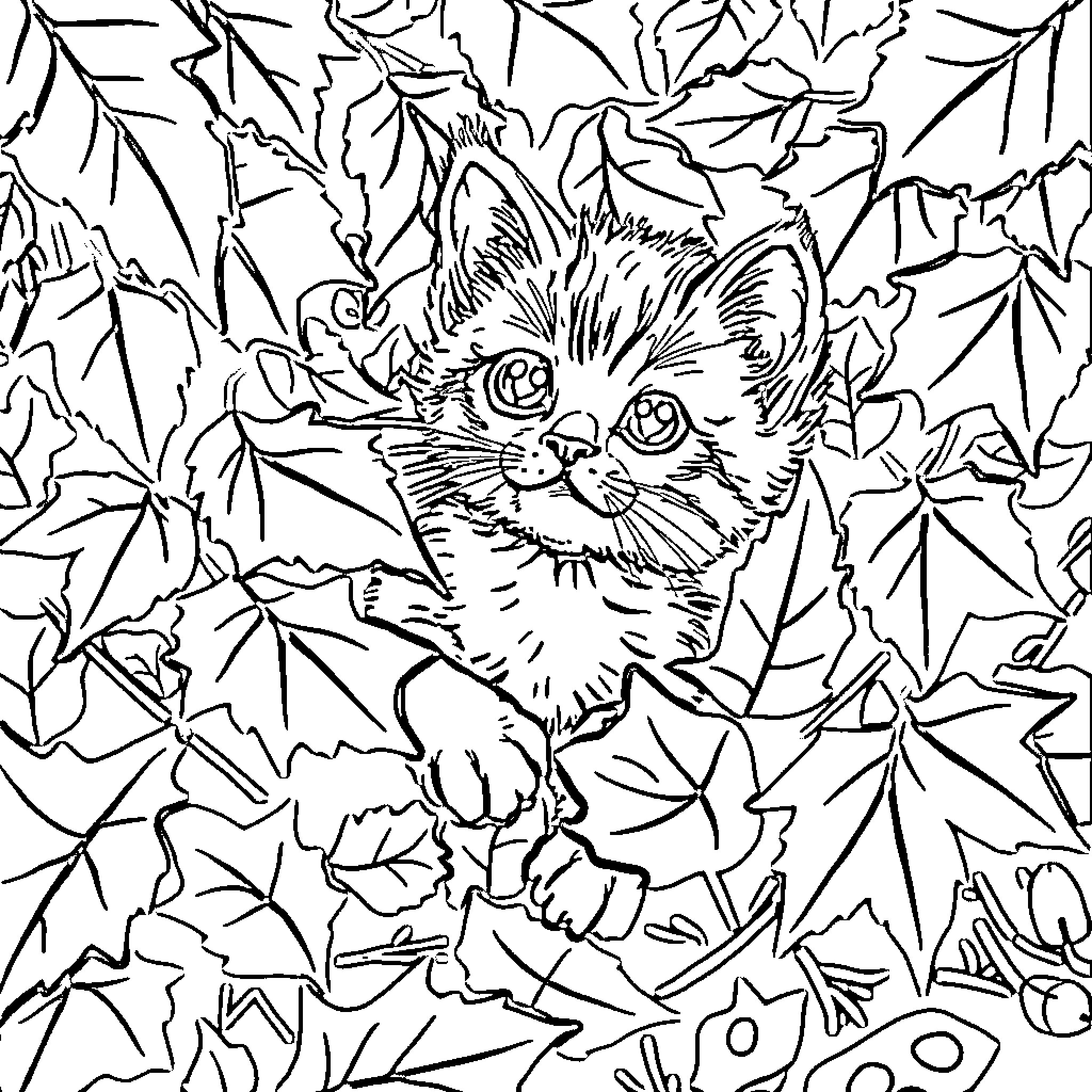 Kitten peeking through autumn leaves Coloring Page (free black-and-white line drawing printable PDF for all, from beginners to advanced learners, including children, teens, adults, and seniors)