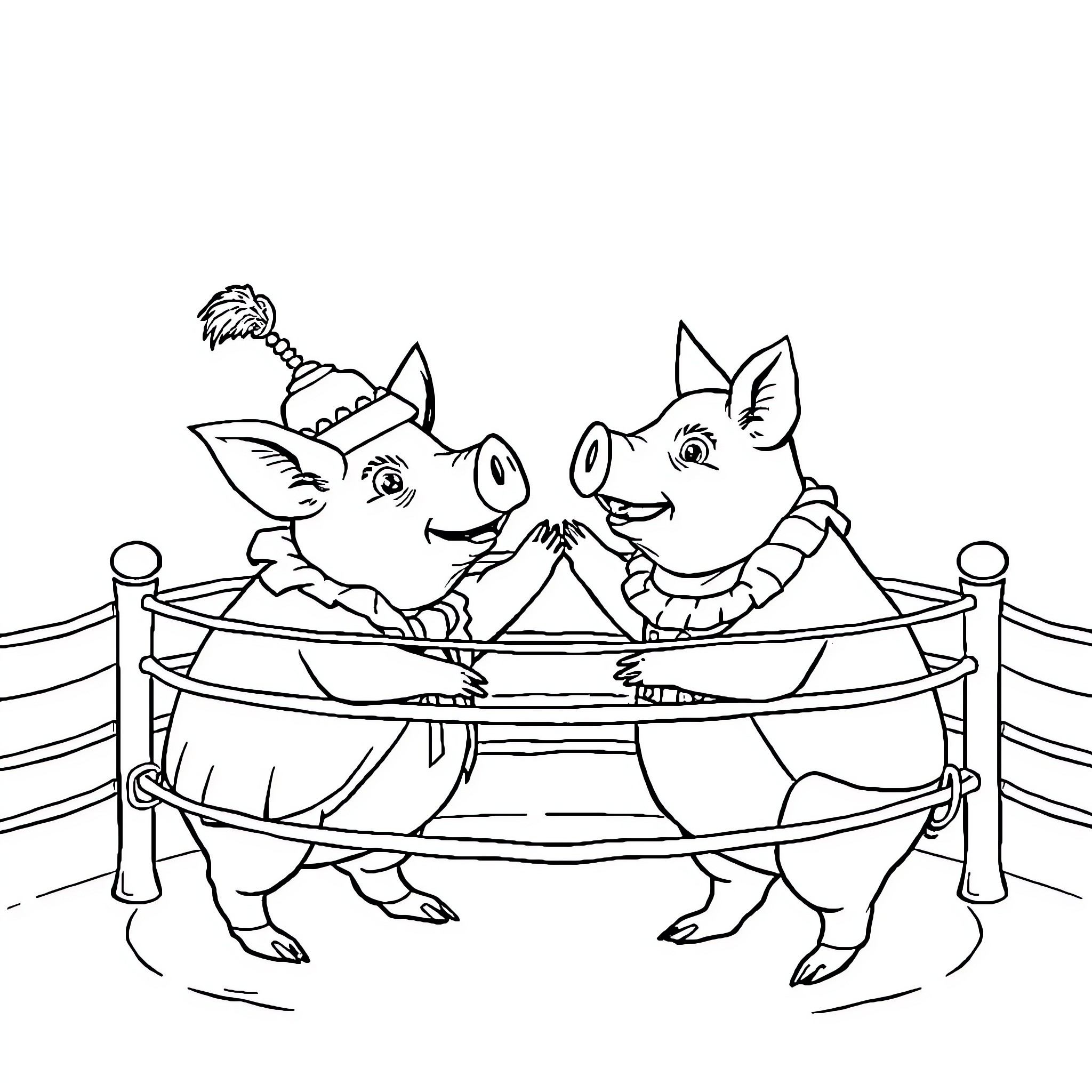 Wrestling Pigs Entertaining in the Ring Coloring Page (free black-and-white line drawing printable PDF for all, from beginners to advanced learners, including children, teens, adults, and seniors)