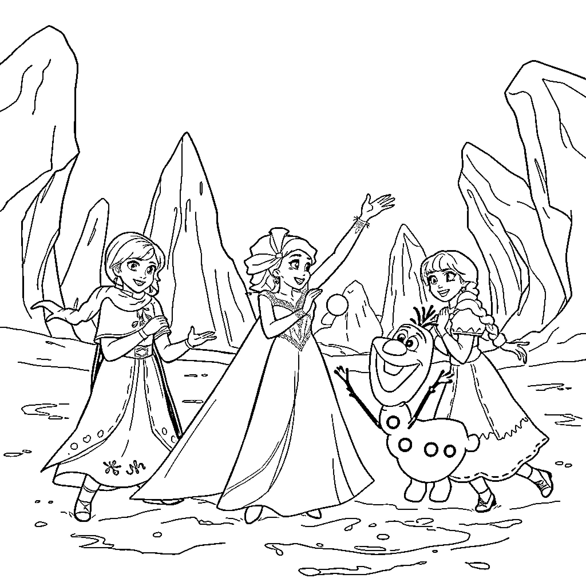 Elsa and friends enjoying a winter adventure Coloring Page (free black-and-white line drawing printable PDF for all, from beginners to advanced learners, including children, teens, adults, and seniors)