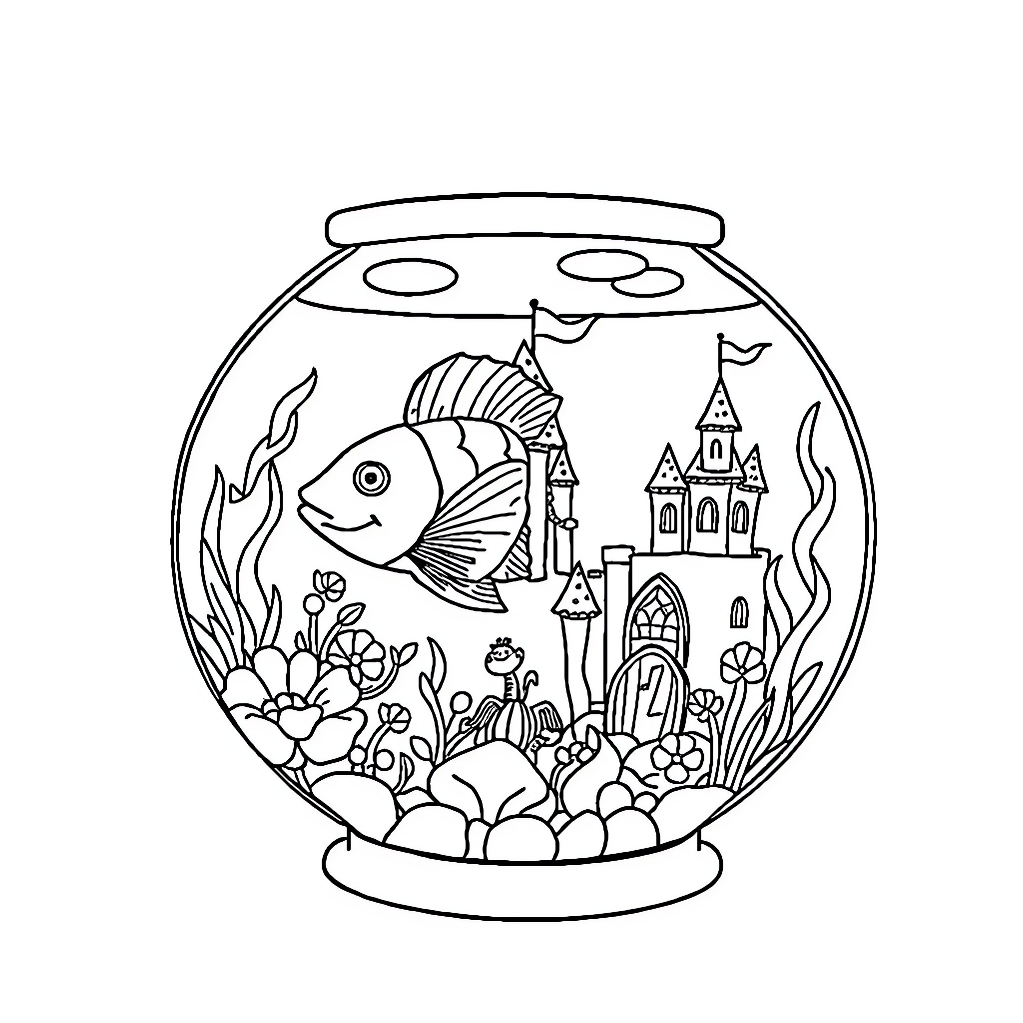Fish swimming in aquarium with castle decor Coloring Page (free black-and-white line drawing printable PDF for all, from beginners to advanced learners, including children, teens, adults, and seniors)
