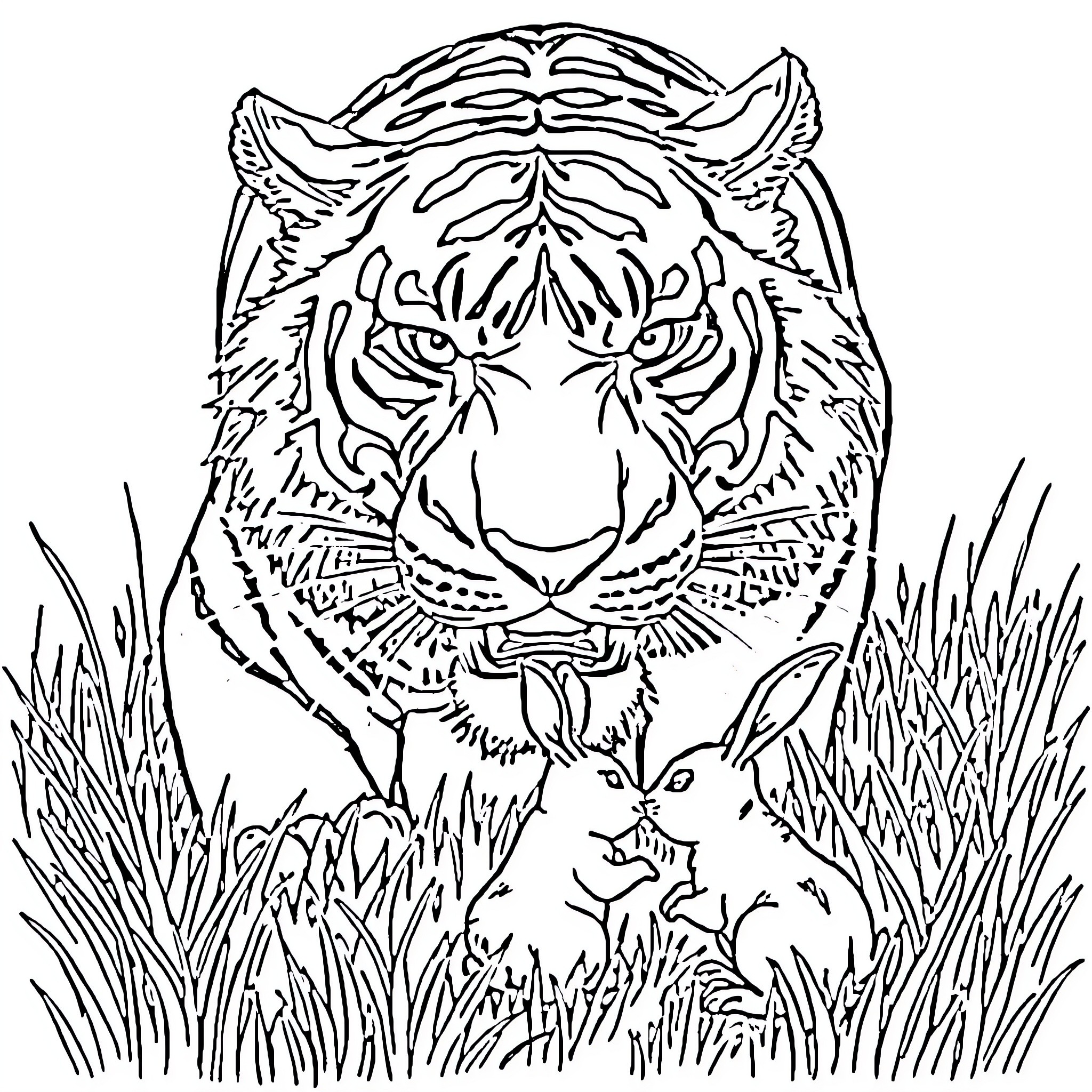 Tiger stalking prey in tall grass Coloring Page (free black-and-white line drawing printable PDF for all, from beginners to advanced learners, including children, teens, adults, and seniors)