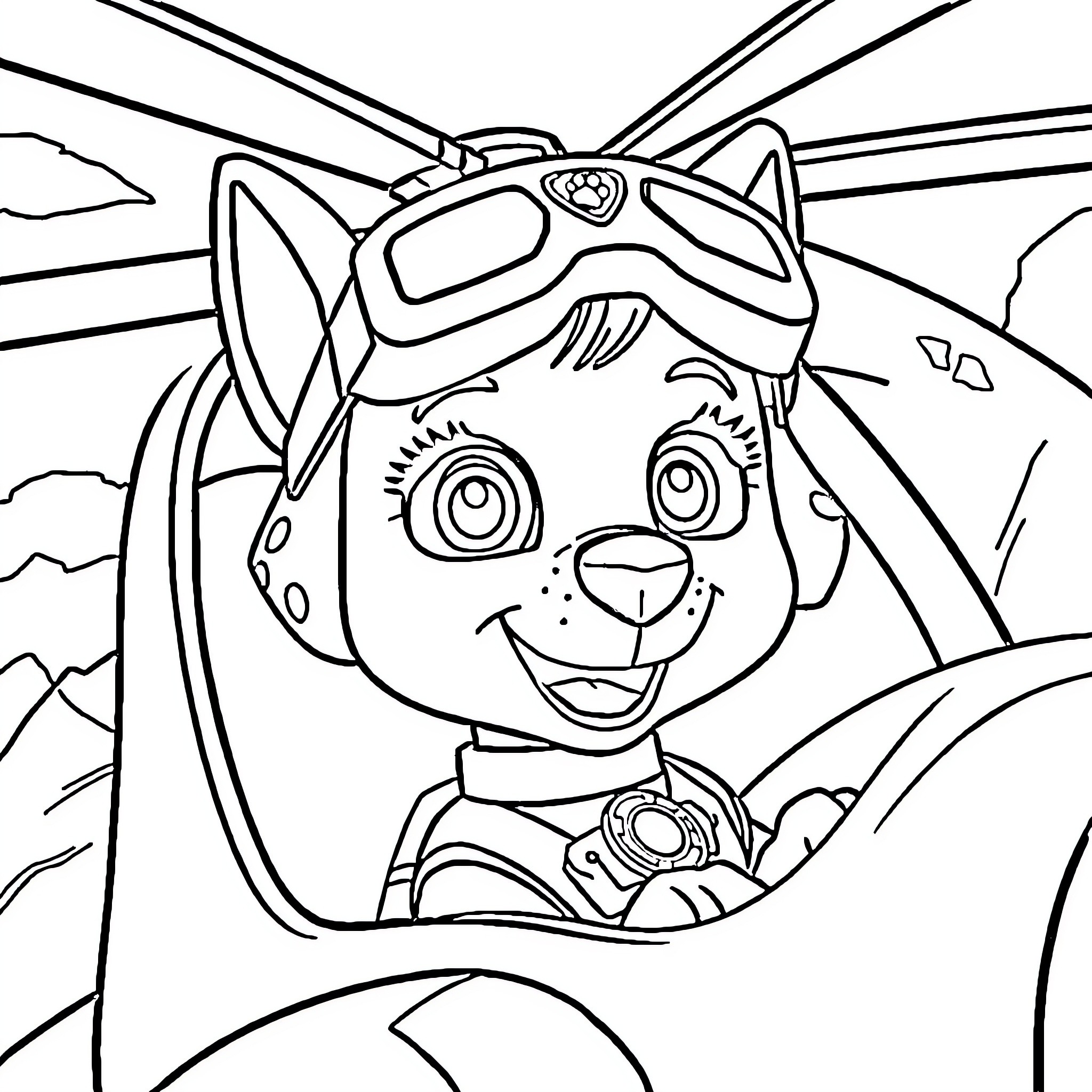 Skye Flying with Confidence in the Sky Coloring Page (free black-and-white line drawing printable PDF for all, from beginners to advanced learners, including children, teens, adults, and seniors)