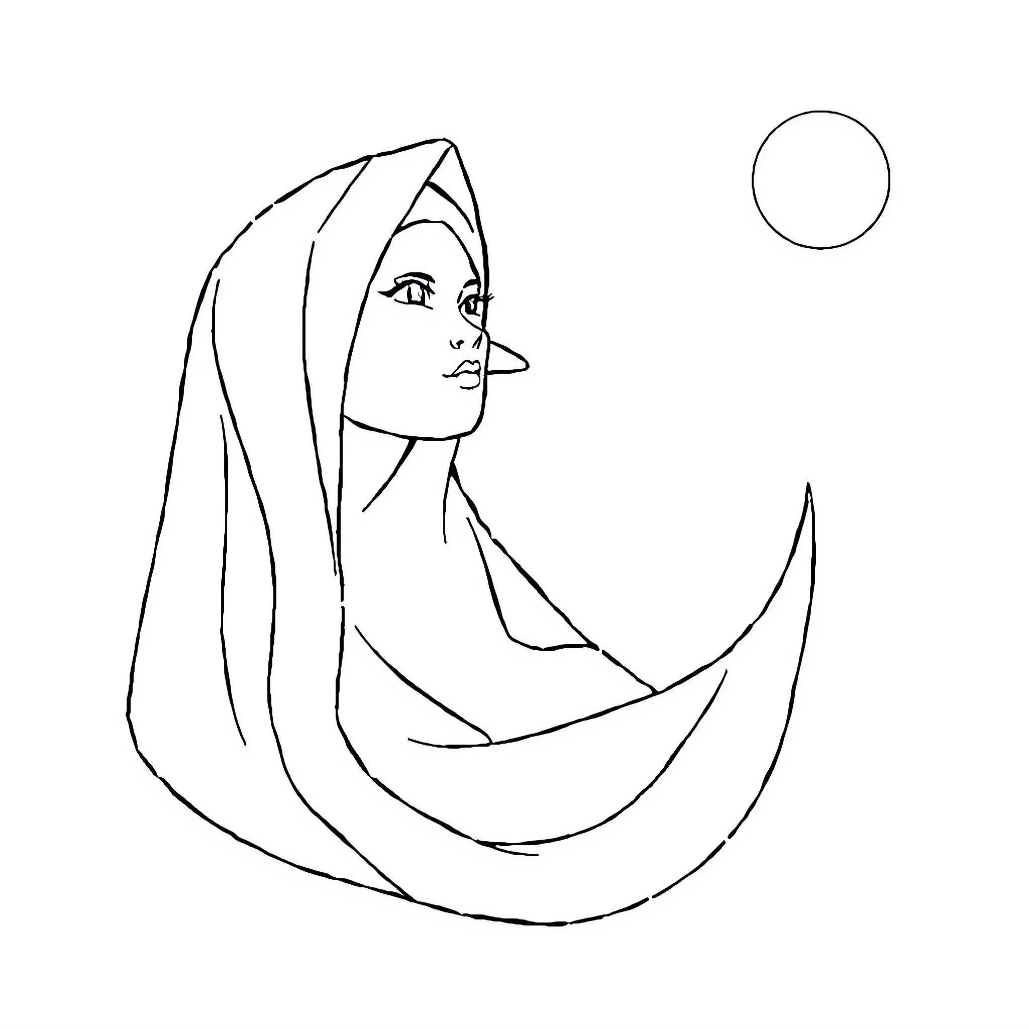 Letter A: Hooded figure looking at the moon Coloring Page (free black-and-white line drawing printable PDF for all, from beginners to advanced learners, including children, teens, adults, and seniors)