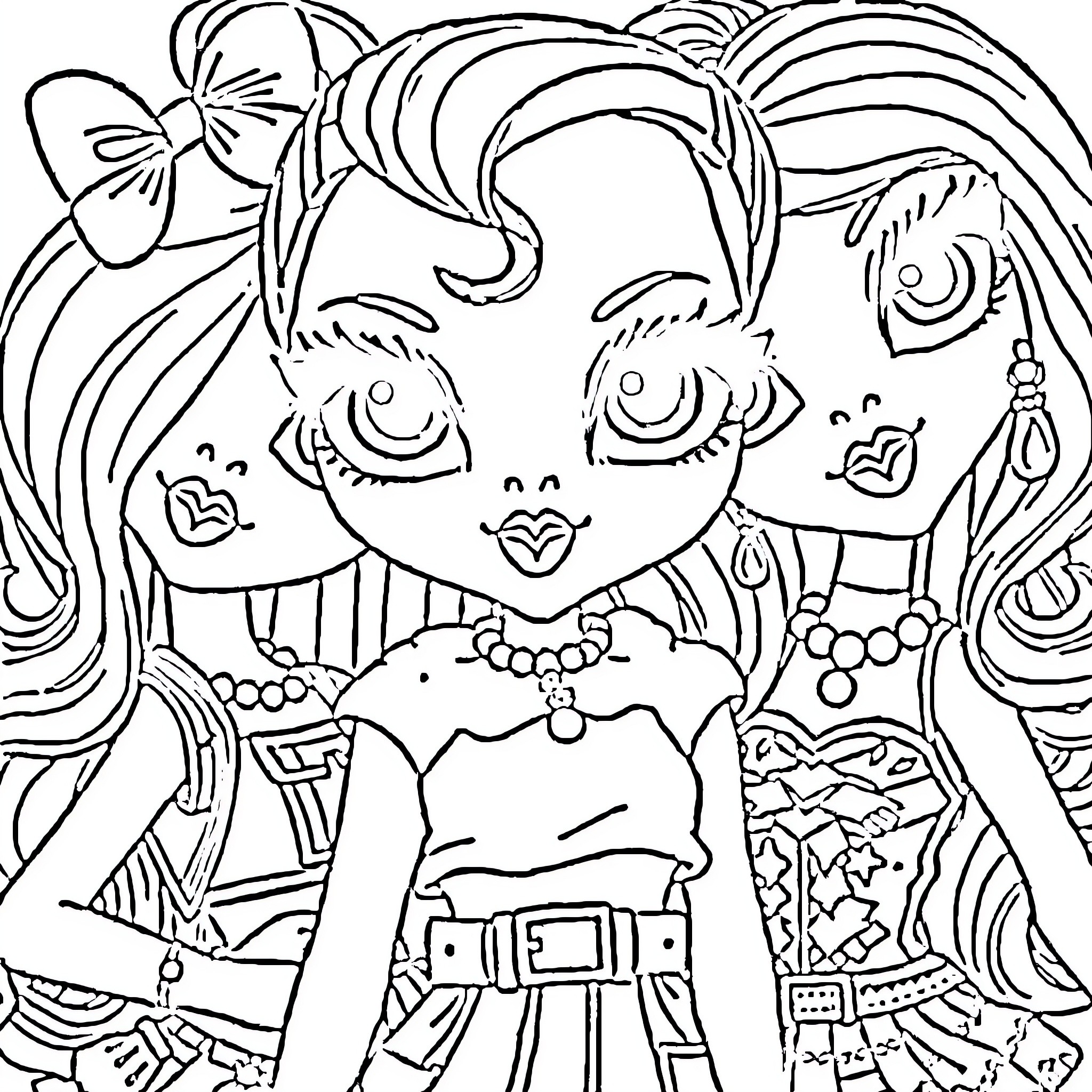 Bratz dolls in lively poses and colorful outfits Coloring Page (free black-and-white line drawing printable PDF for all, from beginners to advanced learners, including children, teens, adults, and seniors)