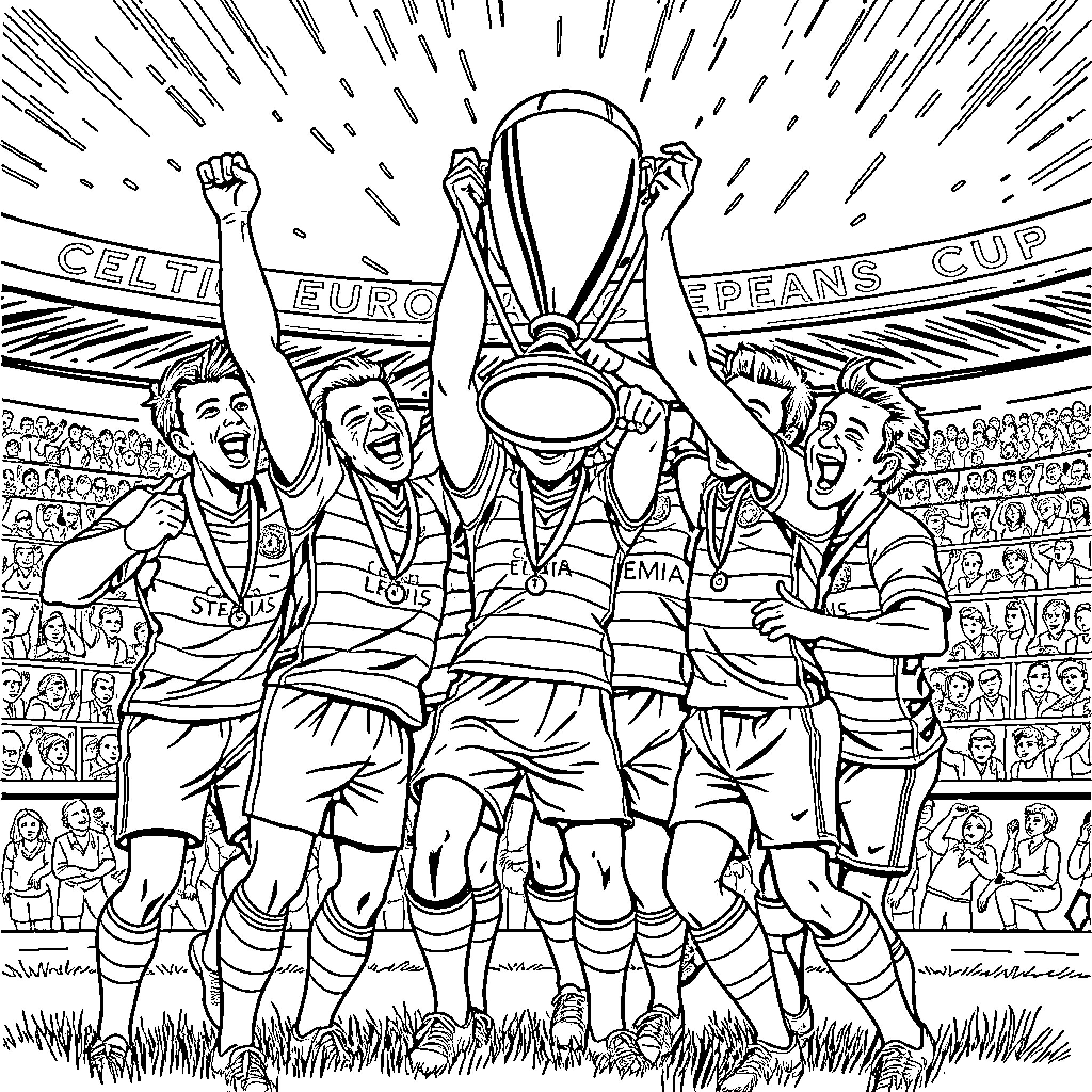 Celtic FC players celebrating a championship trophy victory Coloring Page (free black-and-white line drawing printable PDF for all, from beginners to advanced learners, including children, teens, adults, and seniors)