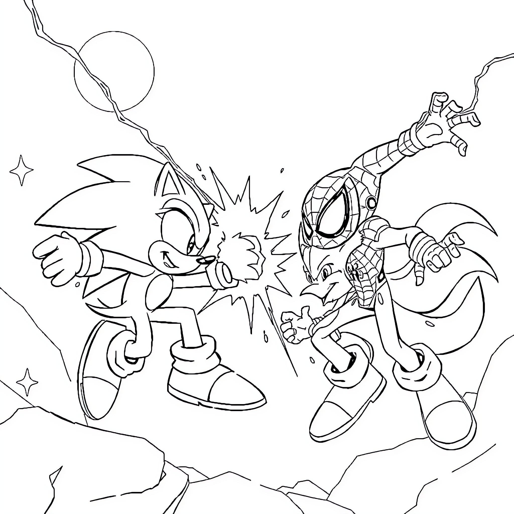 Sonic's Heroic Showdown with a Formidable Foe Coloring Page (free black-and-white line drawing printable PDF for all, from beginners to advanced learners, including children, teens, adults, and seniors)