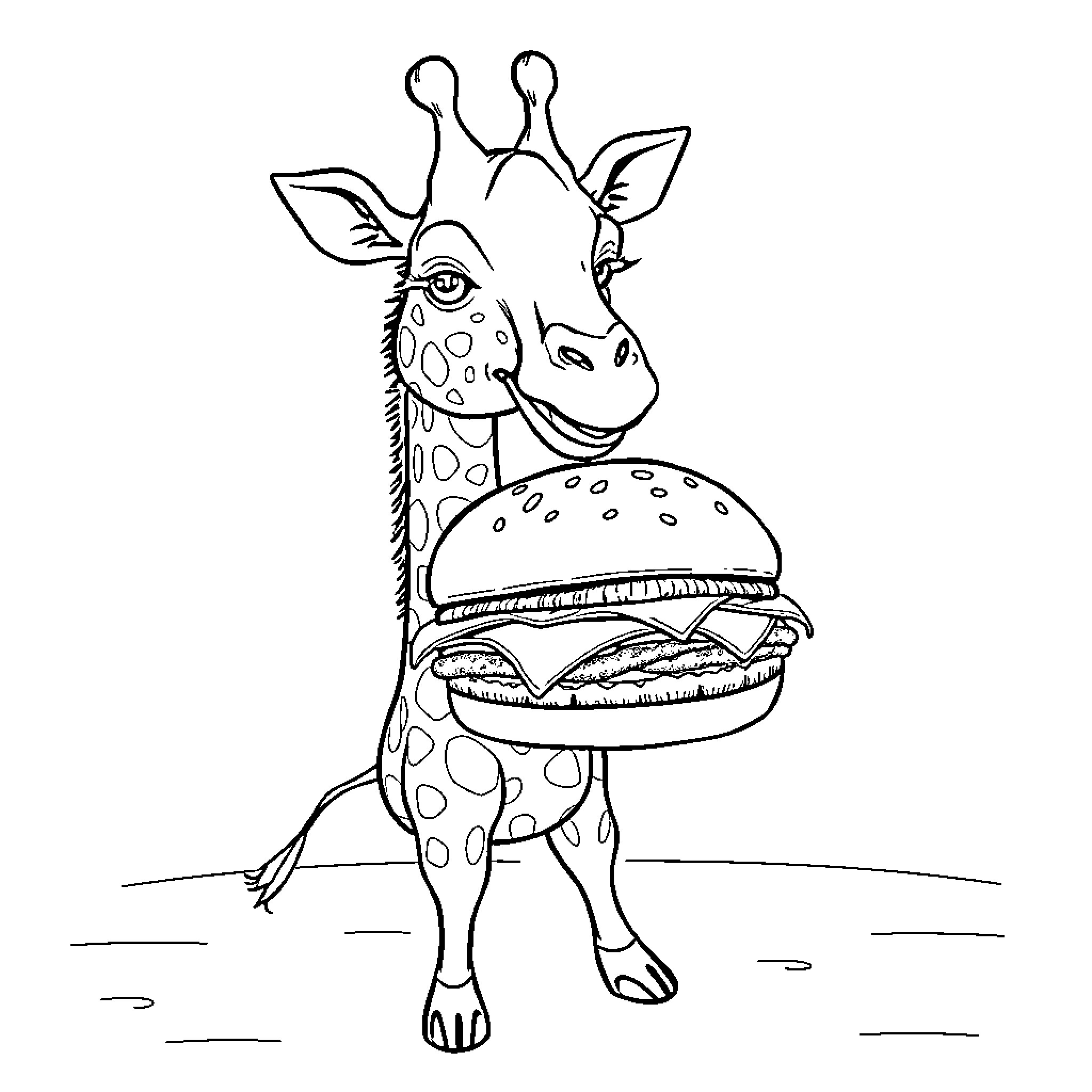 Giraffe holding a giant burger Coloring Page (free black-and-white line drawing printable PDF for all, from beginners to advanced learners, including children, teens, adults, and seniors)