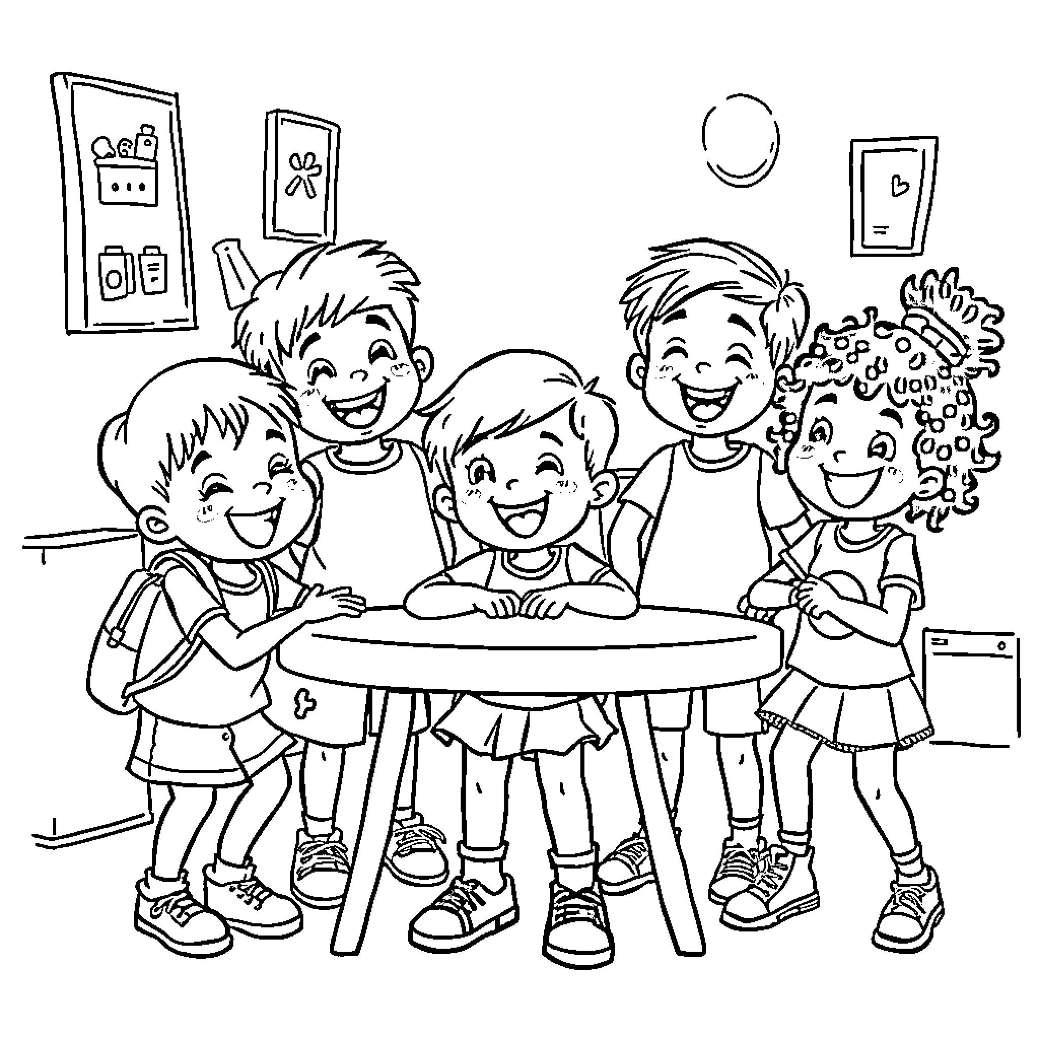 Child friends playing and laughing together Coloring Page (free black-and-white line drawing printable PDF for all, from beginners to advanced learners, including children, teens, adults, and seniors)