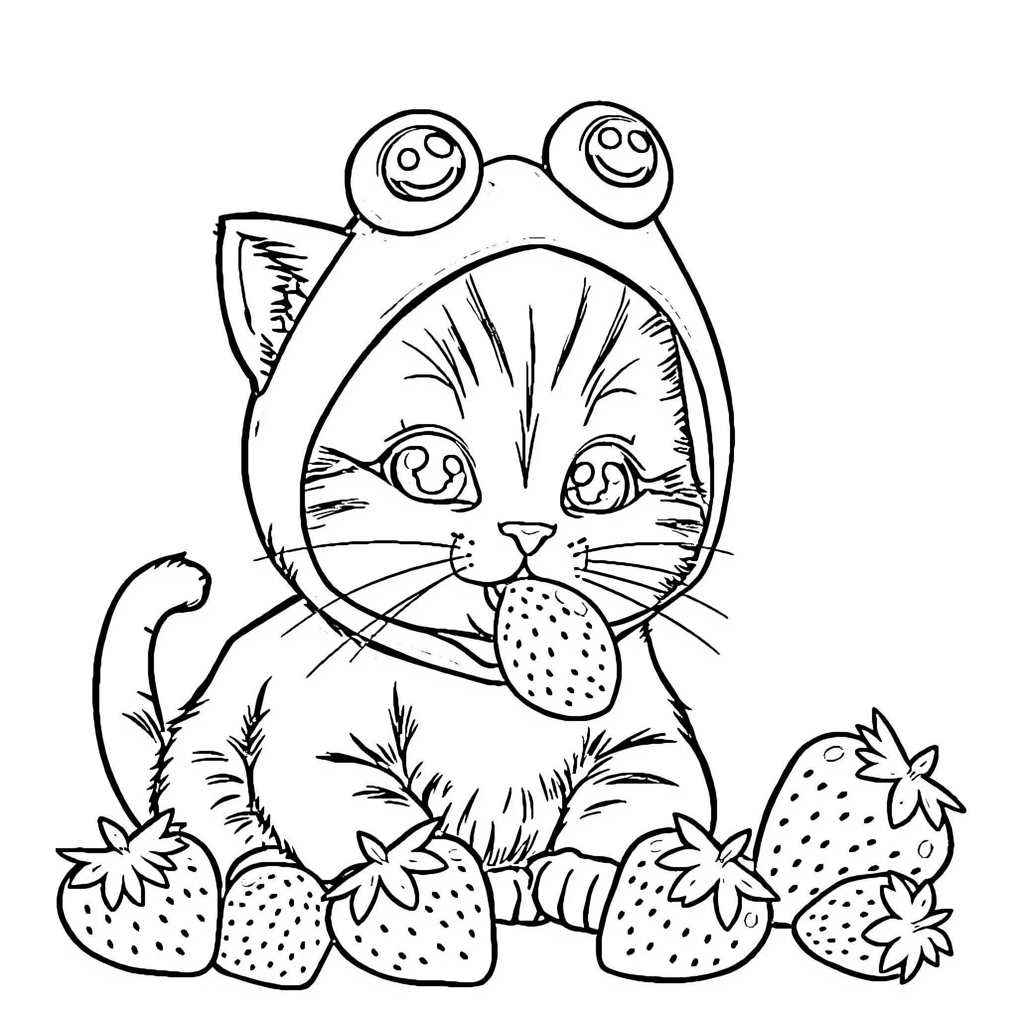 Cat peeking out from strawberries Coloring Page (free black-and-white line drawing printable PDF for all, from beginners to advanced learners, including children, teens, adults, and seniors)