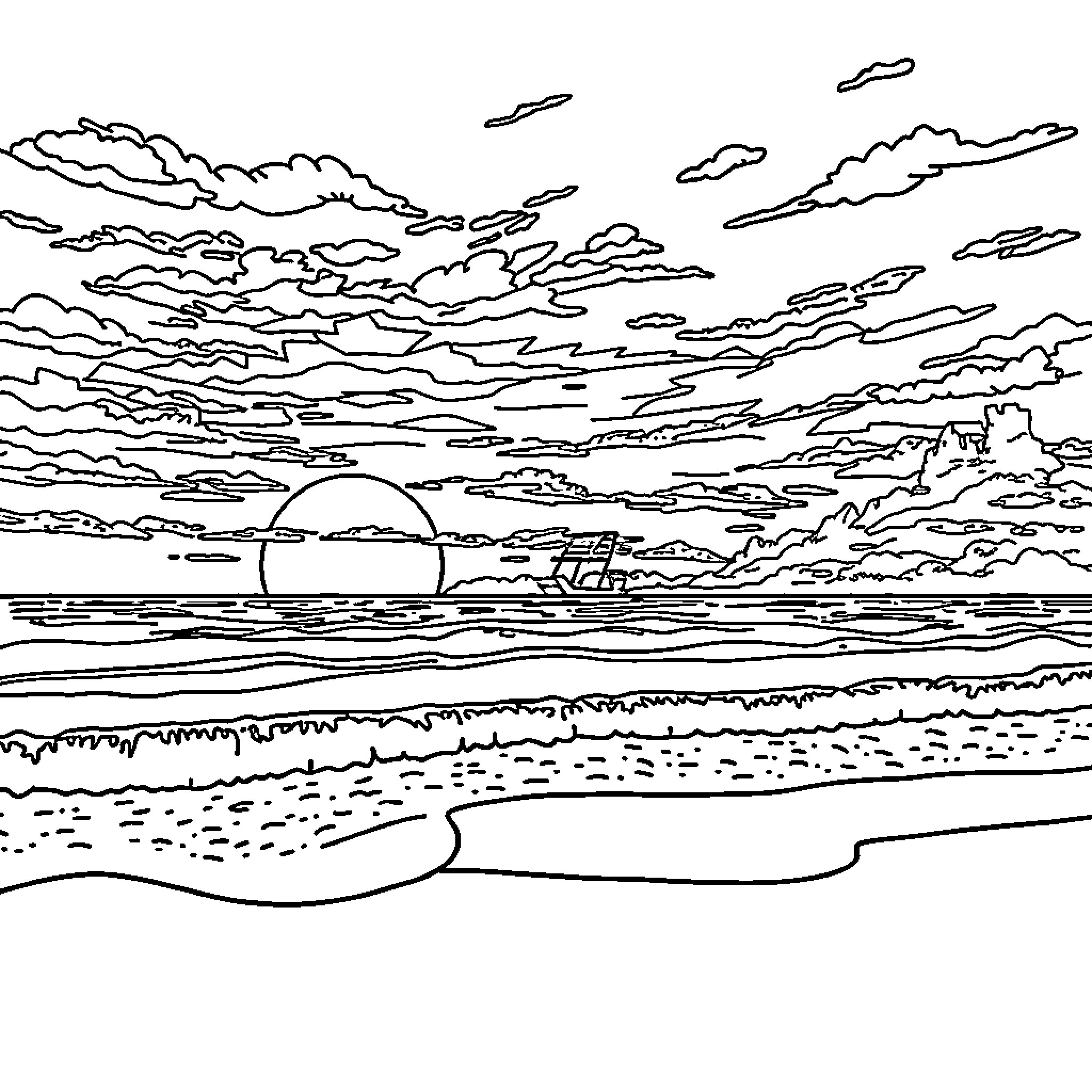 Sunset on the Horizon Coloring Page (free black-and-white line drawing printable PDF for all, from beginners to advanced learners, including children, teens, adults, and seniors)