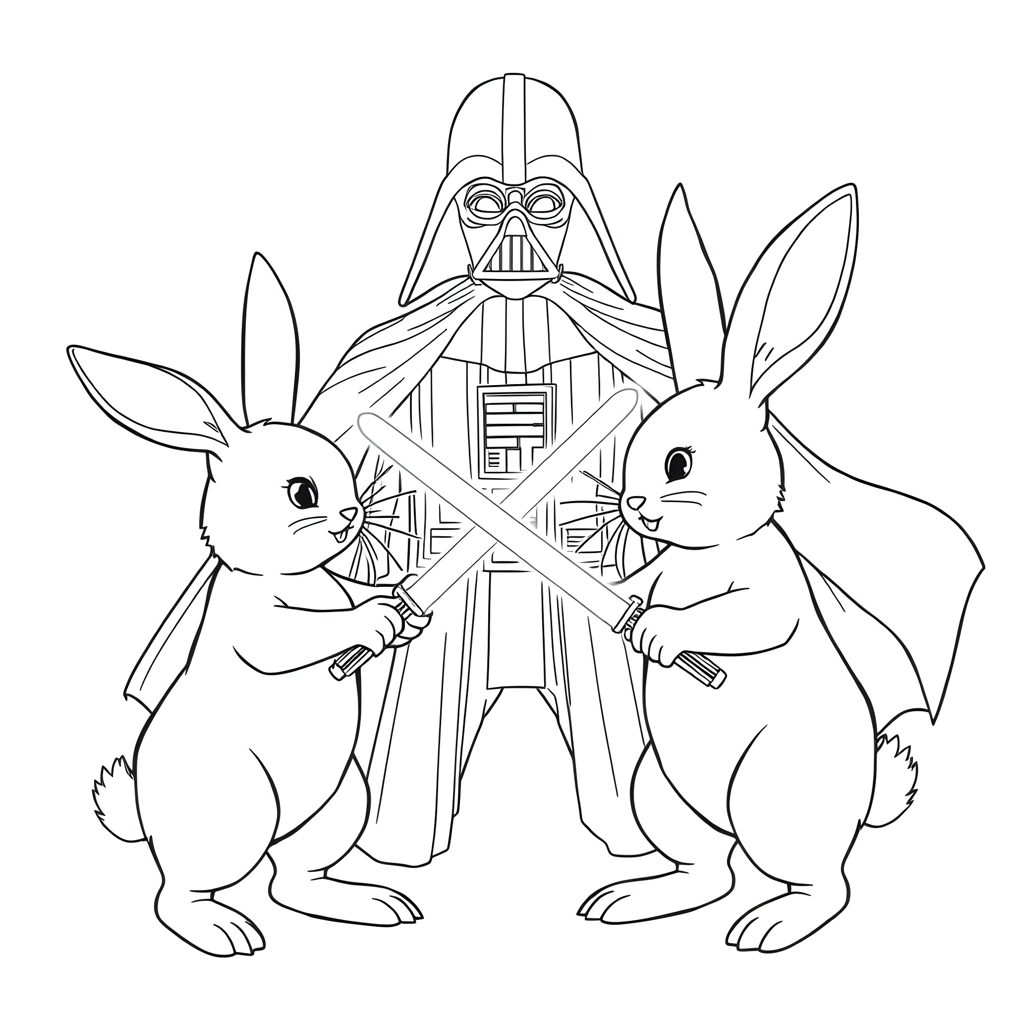 Bunny warriors battle Darth Vader in the meadow Coloring Page (free black-and-white line drawing printable PDF for all, from beginners to advanced learners, including children, teens, adults, and seniors)
