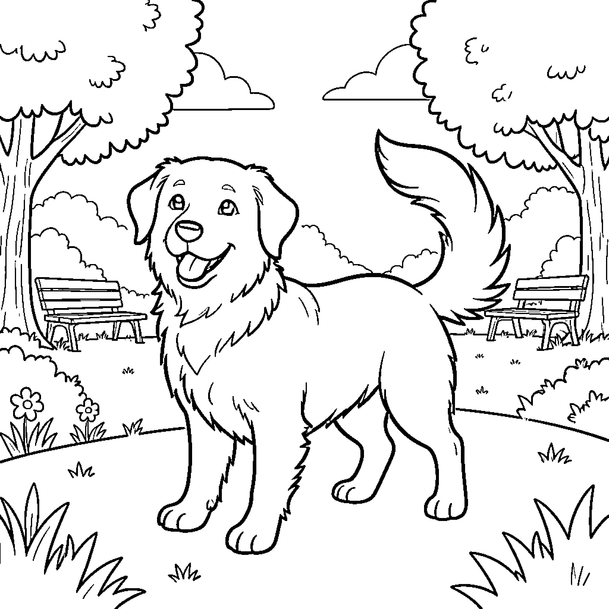 Dog wagging tail happily in the park Coloring Page (free black-and-white line drawing printable PDF for all, from beginners to advanced learners, including children, teens, adults, and seniors)