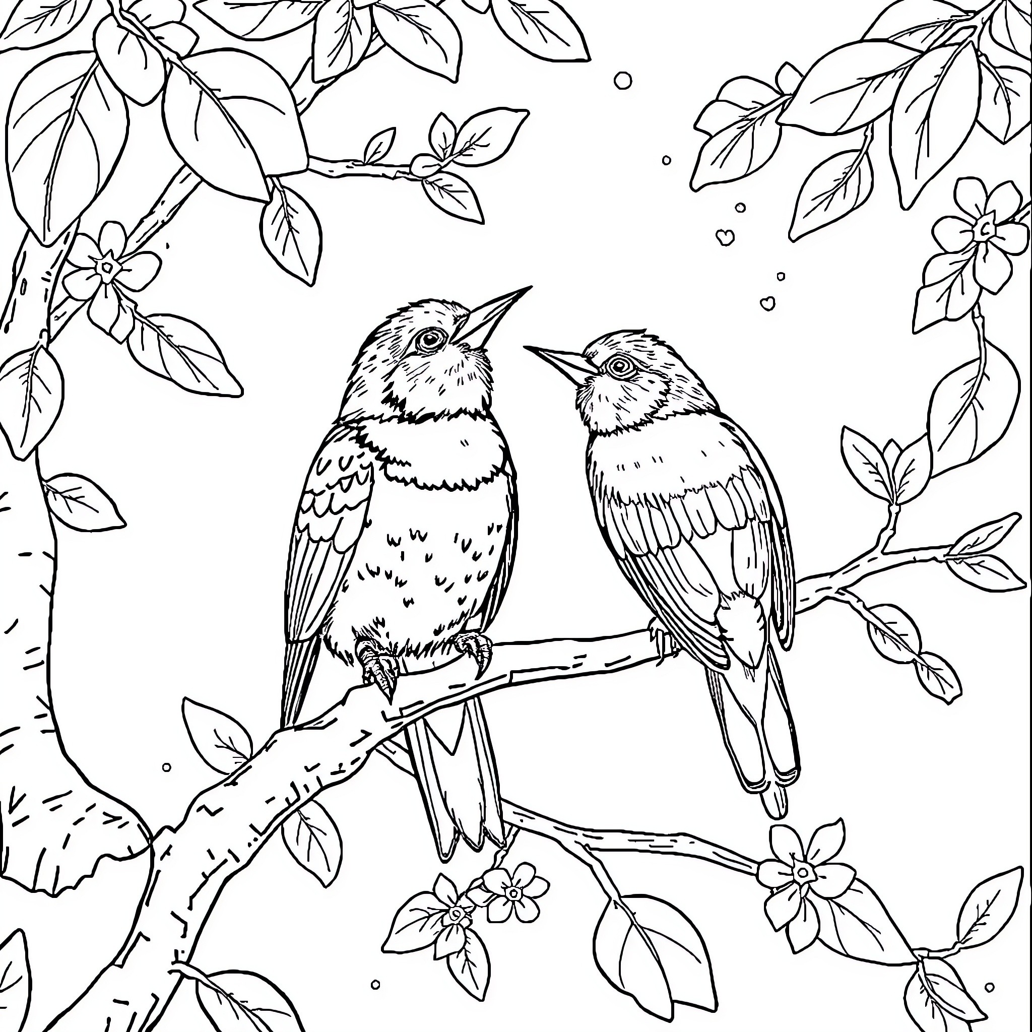 Bird friends on a flowery branch Coloring Page (free black-and-white line drawing printable PDF for all, from beginners to advanced learners, including children, teens, adults, and seniors)